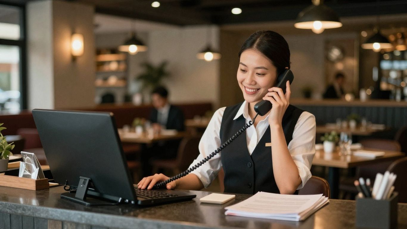 Receptionist answering phone at busy modern restaurant desk