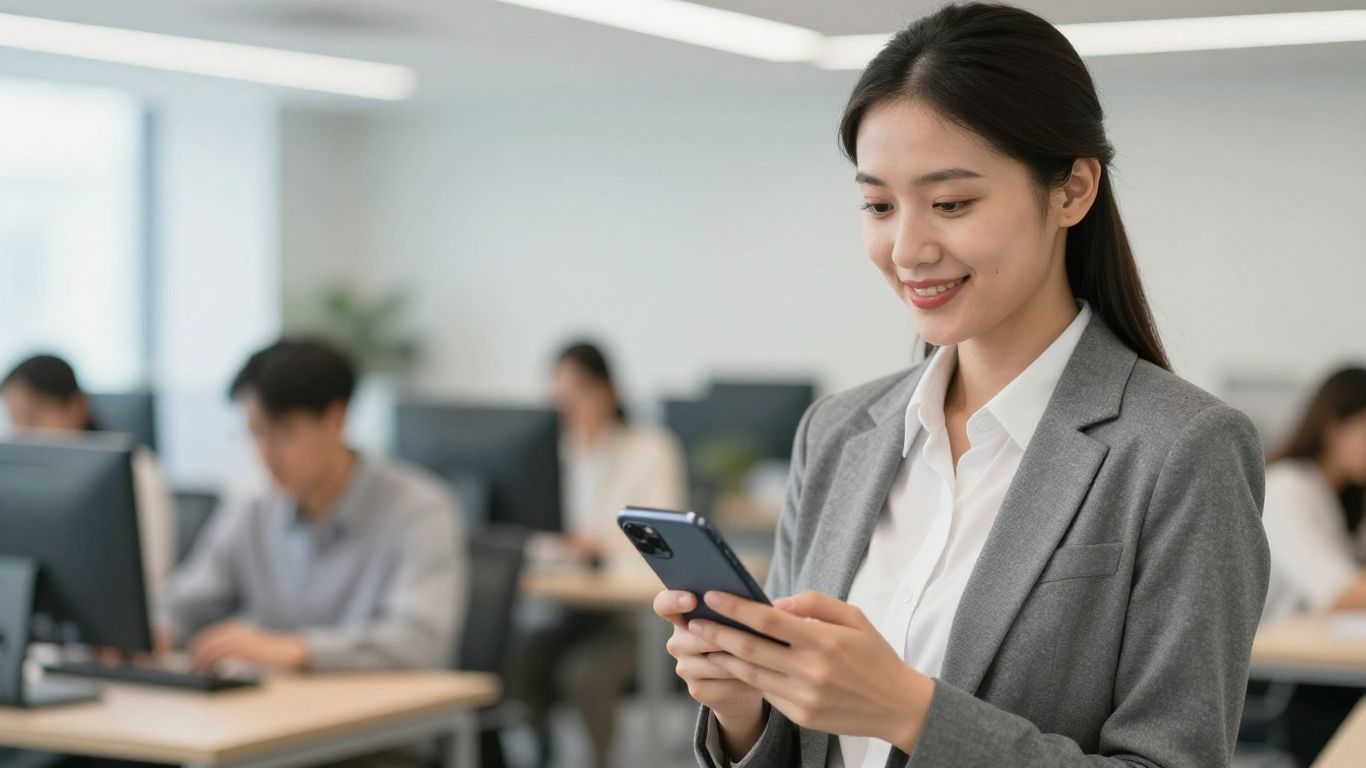 Business professional using a smartphone for answering service.