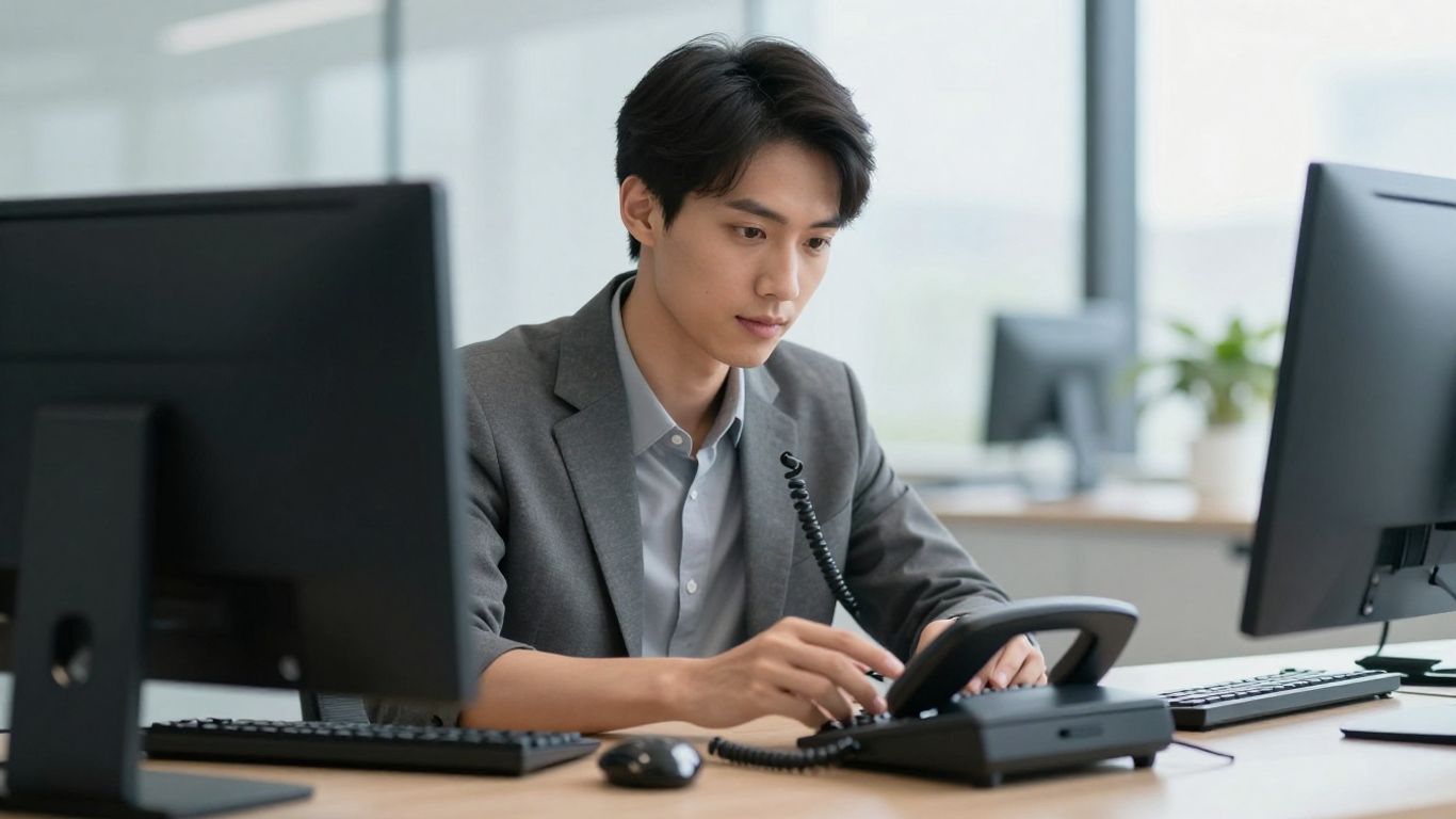 Business person using a telephone answering service.