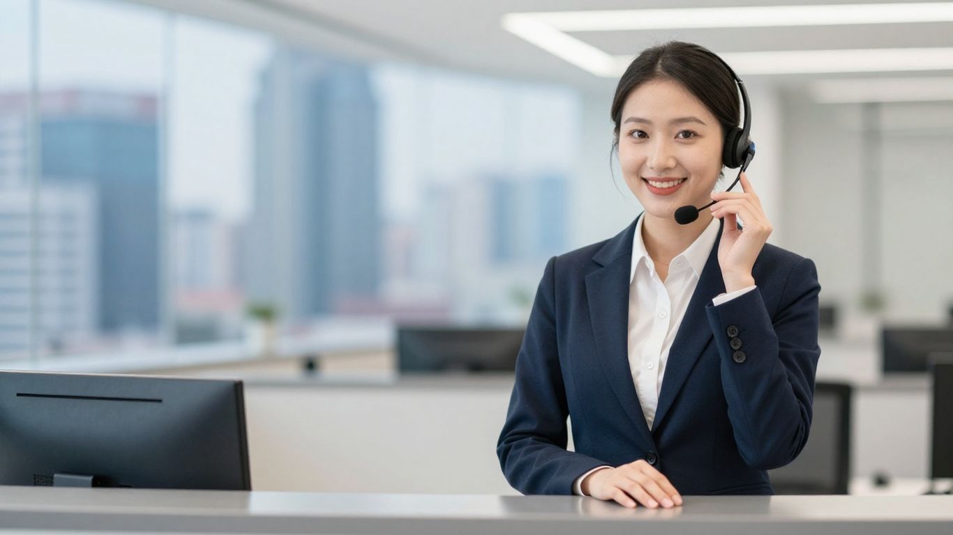 Professional receptionist with headset, modern office, cityscape background.