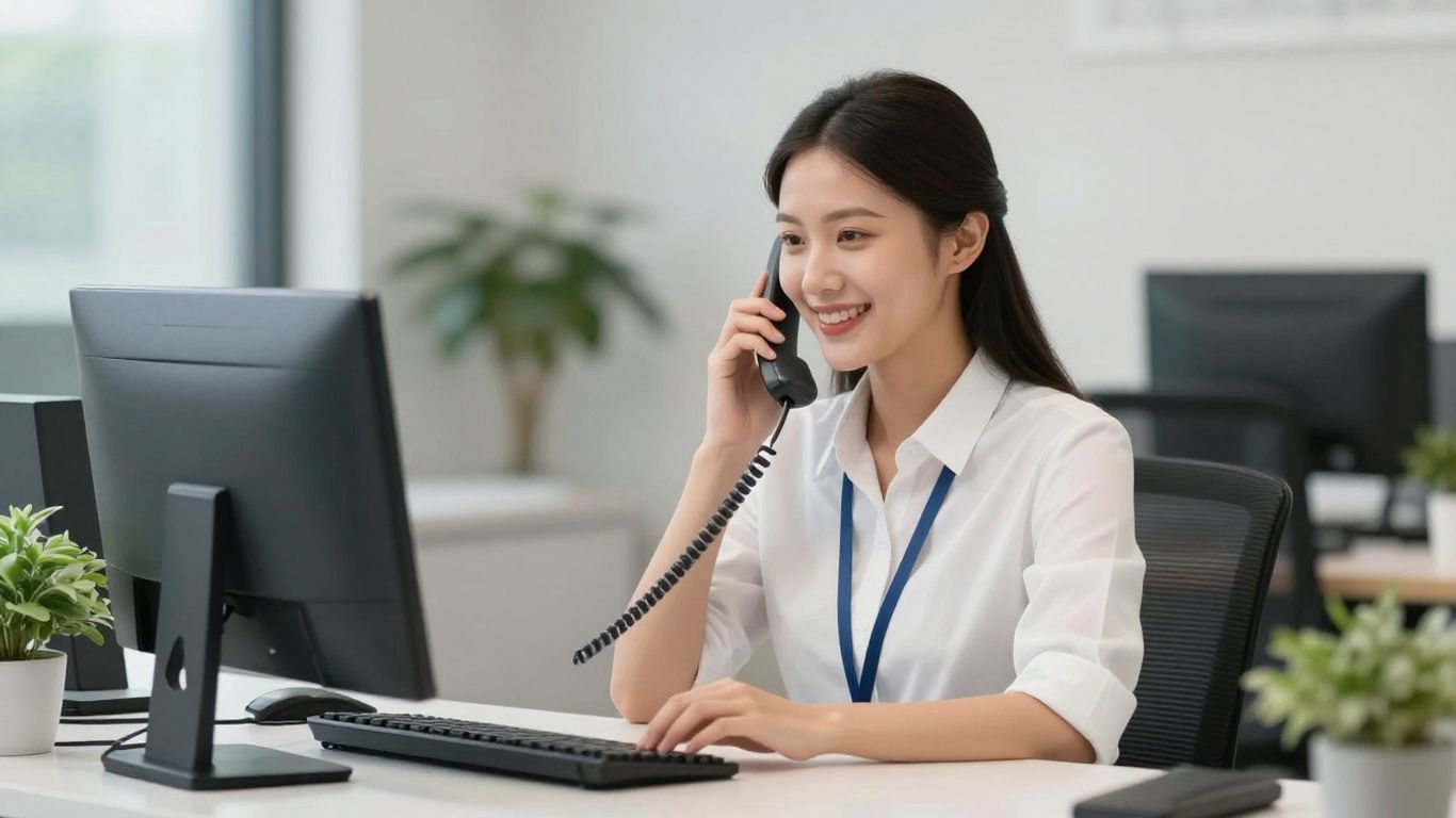 Professional receptionist answering a phone in a modern office.