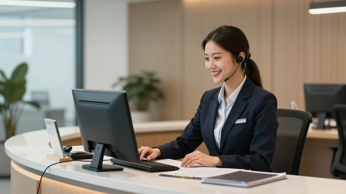 Professional receptionist answering a phone call at a modern desk.