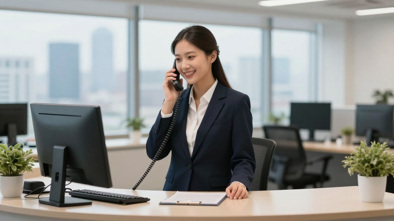 Professional receptionist answering a phone in a modern office.