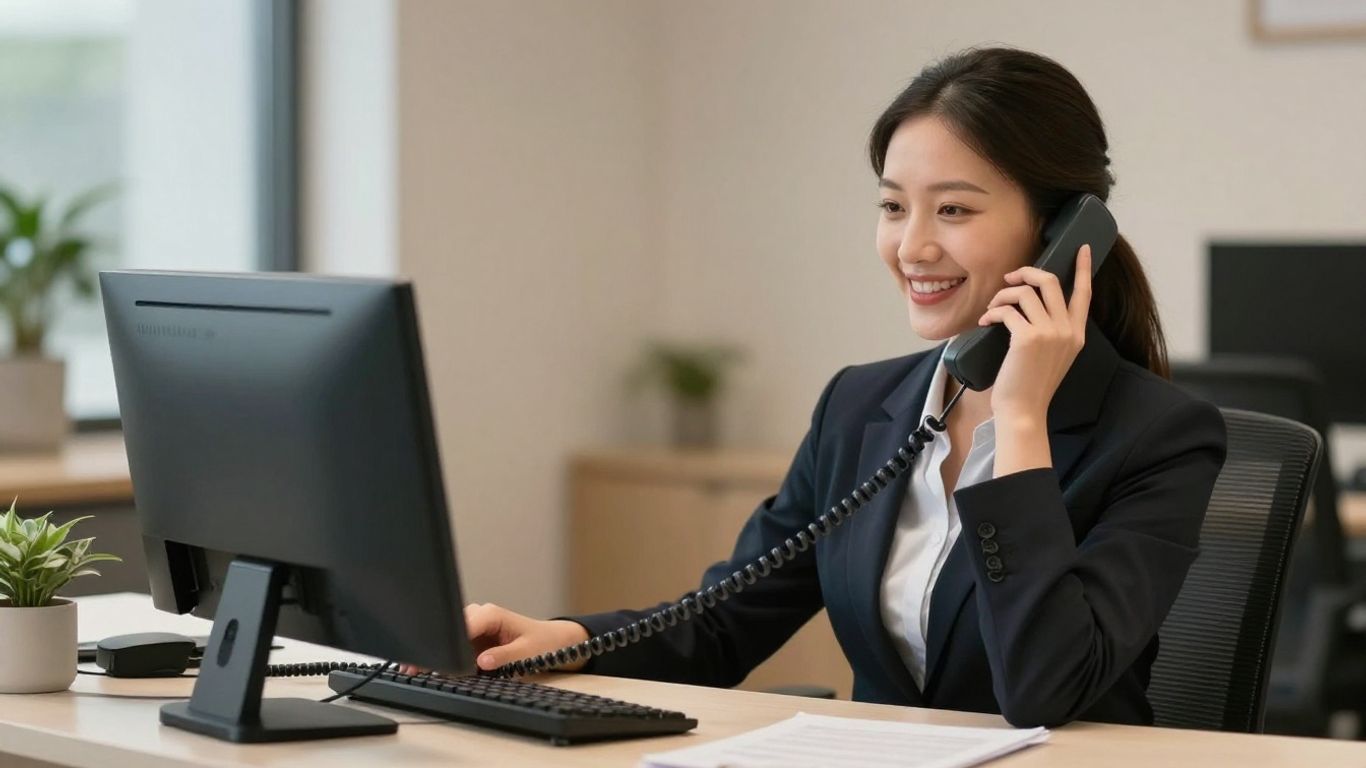 Professional receptionist answering a phone in a modern office.