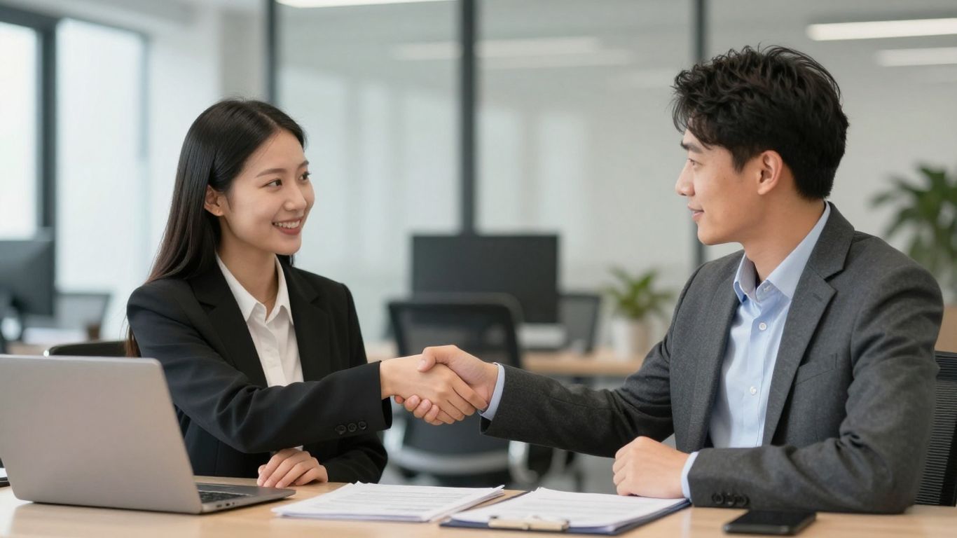 Business partners shaking hands, symbolizing growth and collaboration.