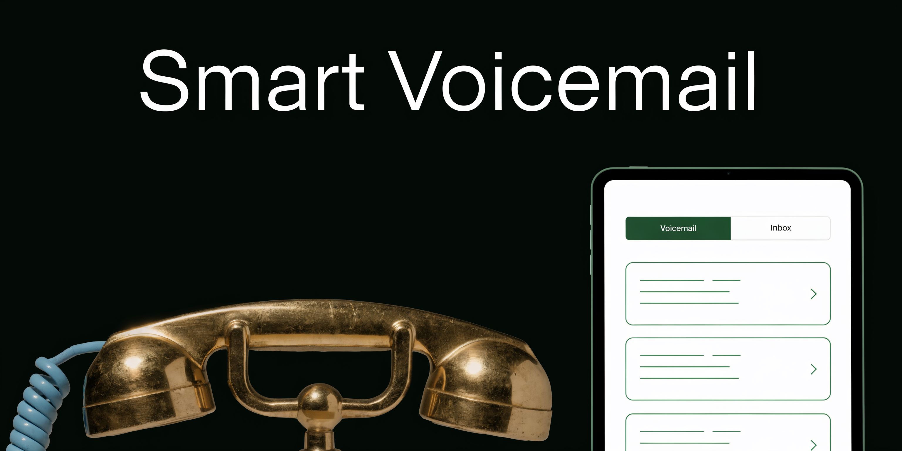 A conceptual graphic displaying Smart Voicemail text above a vintage telephone receiver and a digital tablet screen.