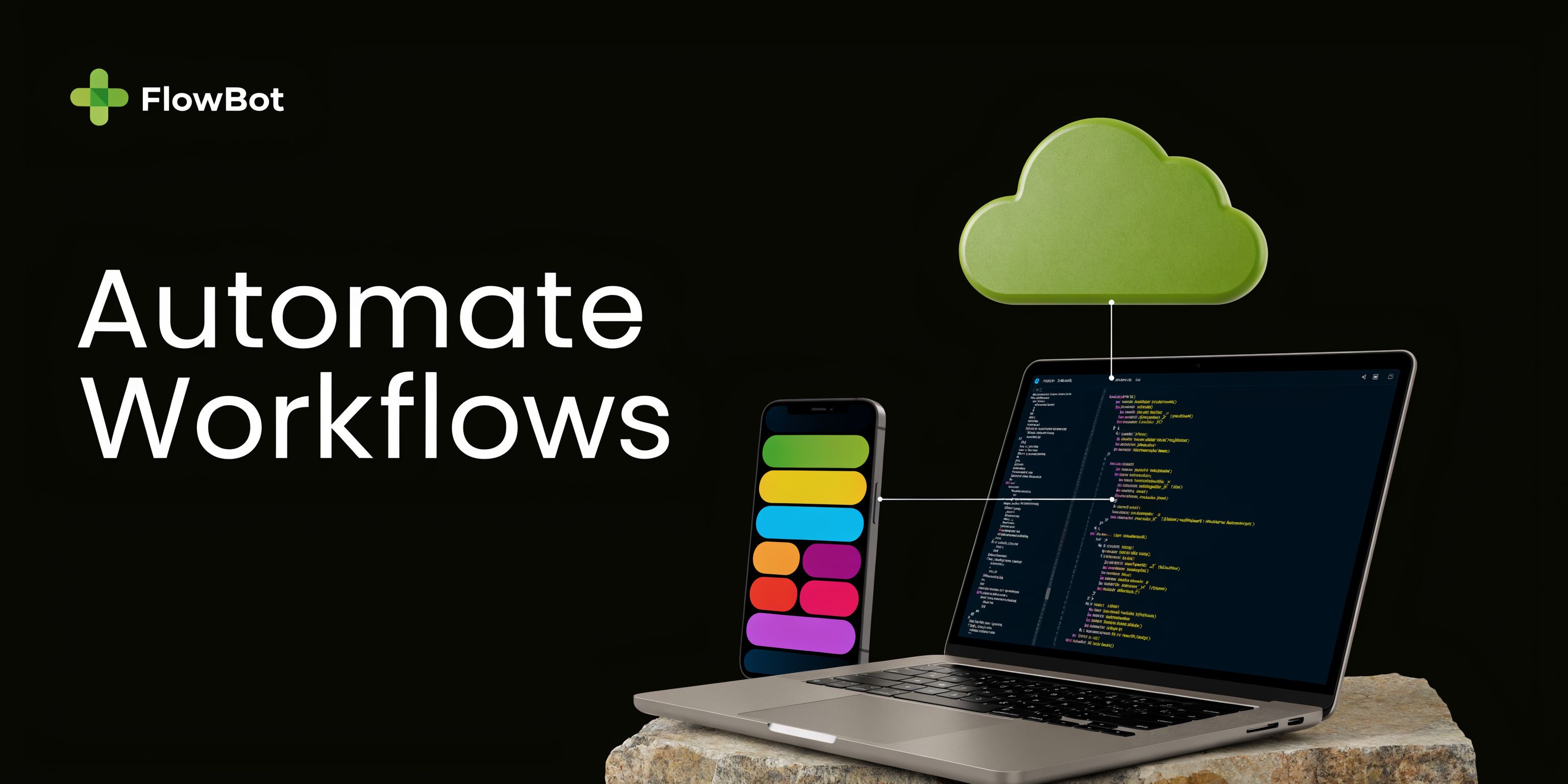 A laptop and smartphone on a rock displaying code, connected to a green cloud icon for automation.