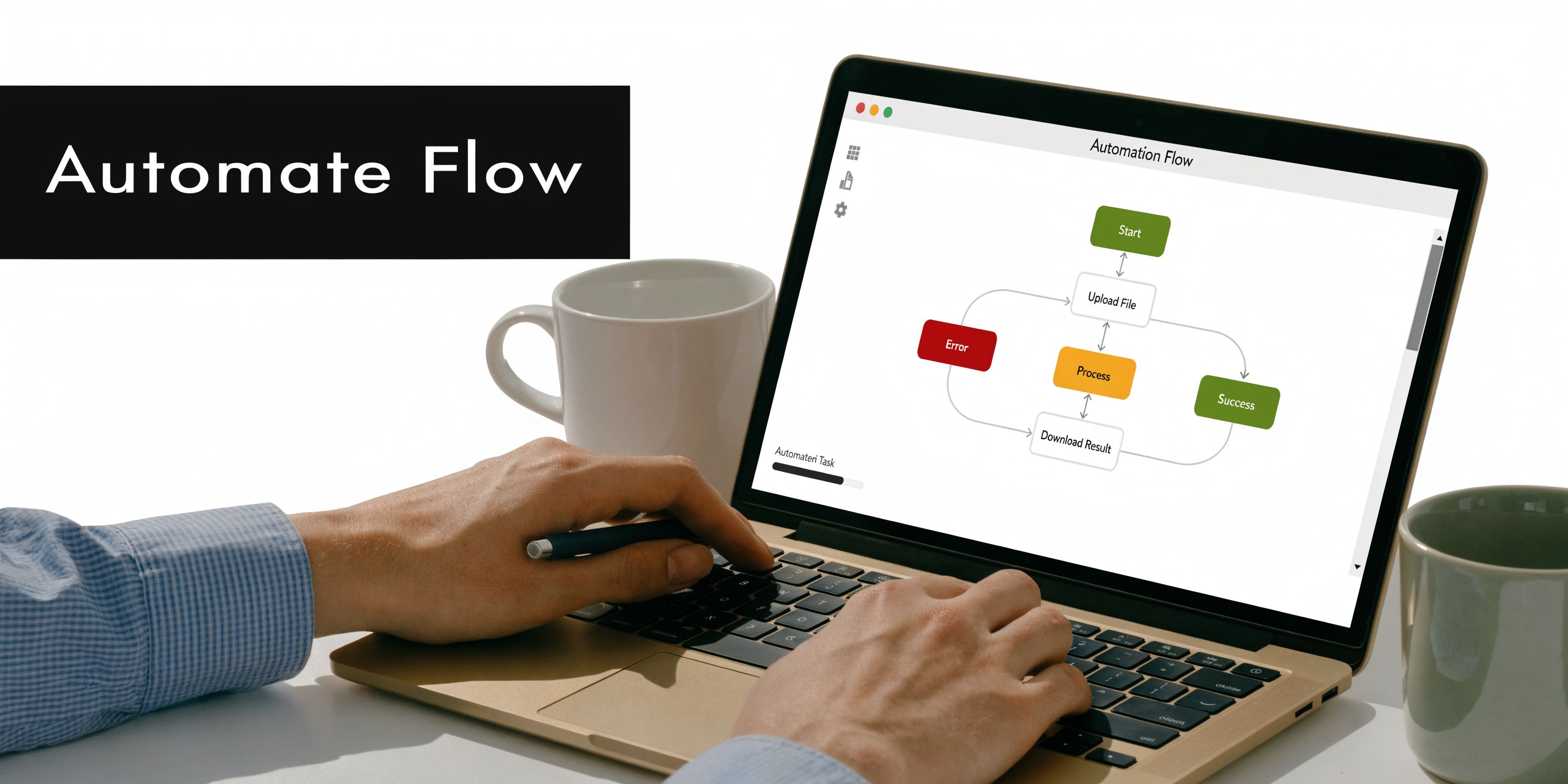 A person using a laptop to design an automation flow business system with a workflow chart displayed.