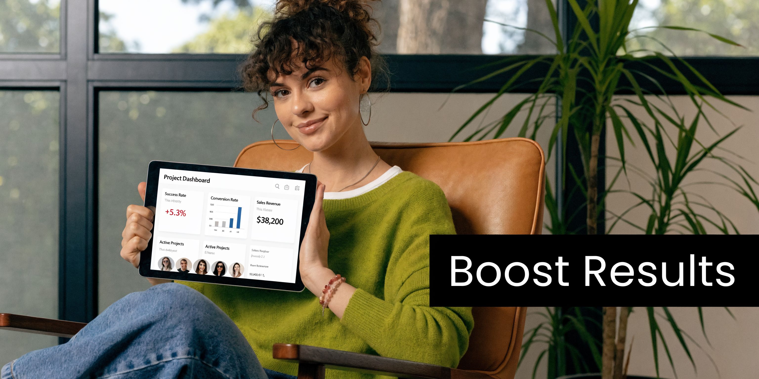 A woman holding a digital tablet displaying a project dashboard interface while sitting in a modern office.