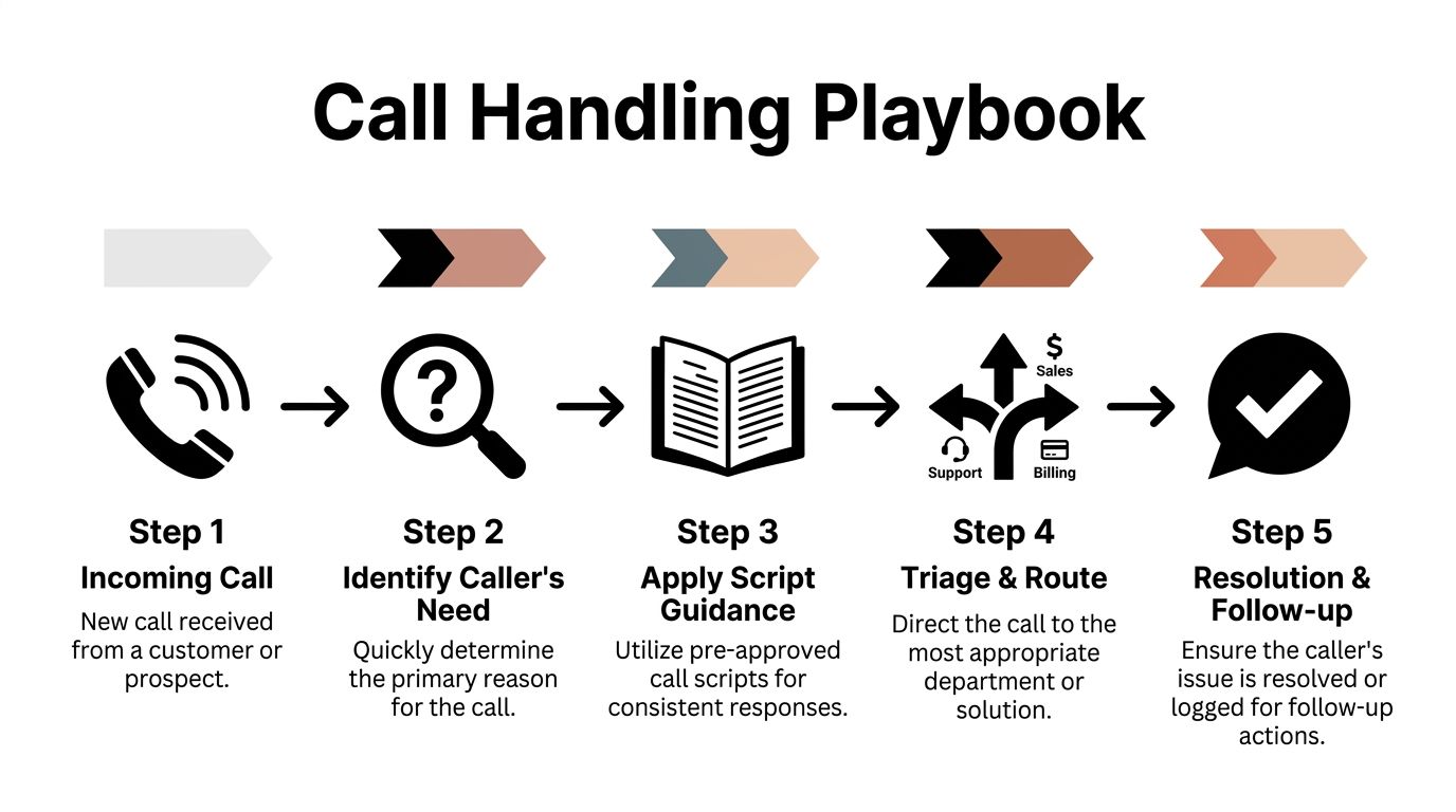 A five-step flowchart titled Call Handling Playbook illustrating the process of managing customer and prospect phone calls.