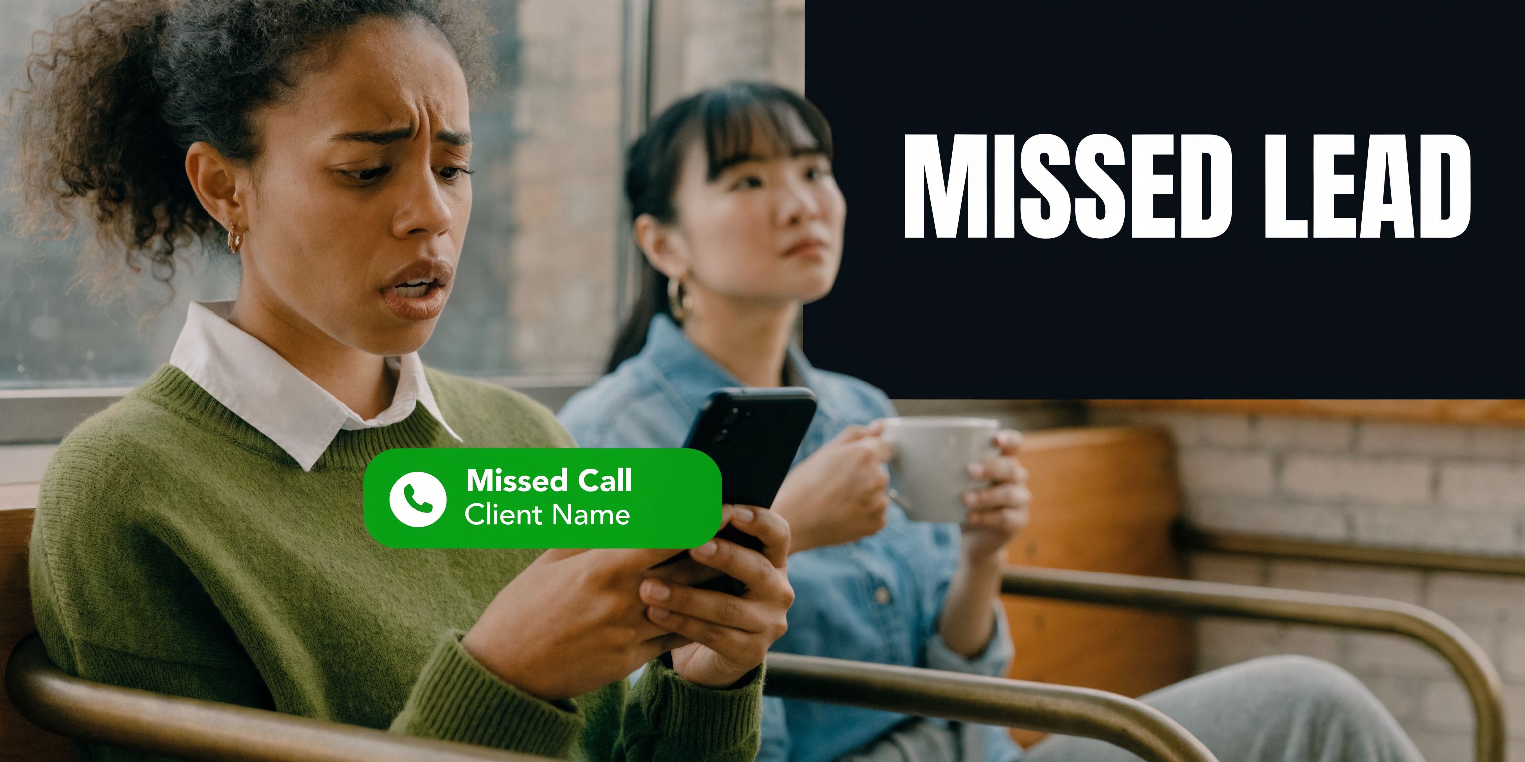 A concerned woman checking her smartphone after a missed call from a potential business client.