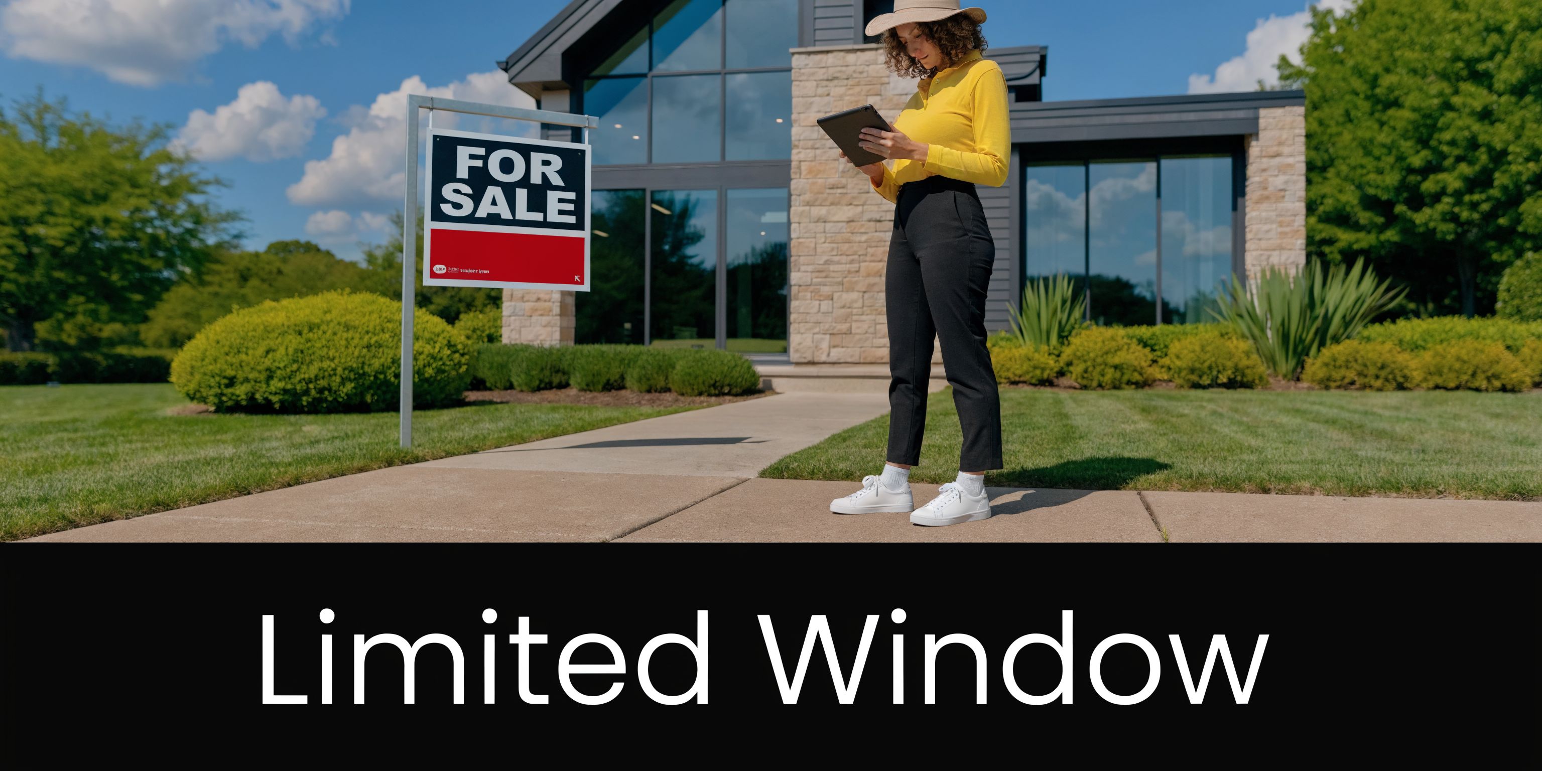 A real estate agent standing in front of a modern house holding a digital tablet