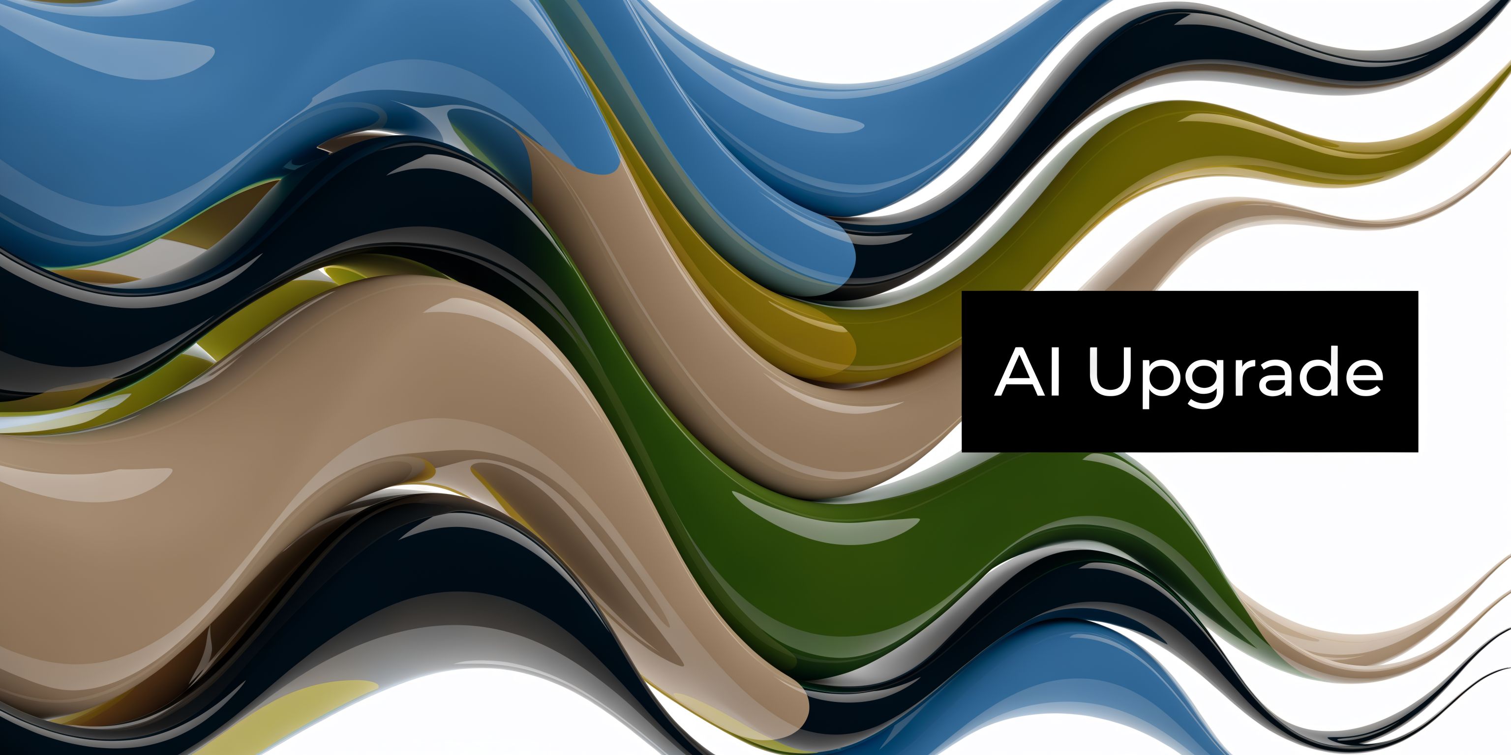 A flowing abstract background featuring glossy, multicolored liquid waves in shades of blue, green, and tan.