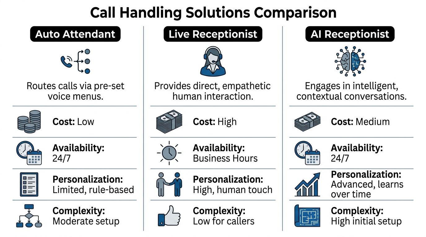 A comparison chart showing features, cost, availability, and personalization levels for auto, live, and AI phone receptionists.