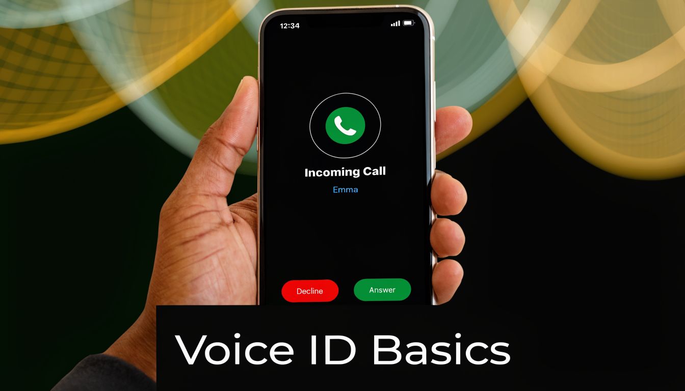 A hand holding a smartphone showing an incoming call screen from Emma with voice ID text.