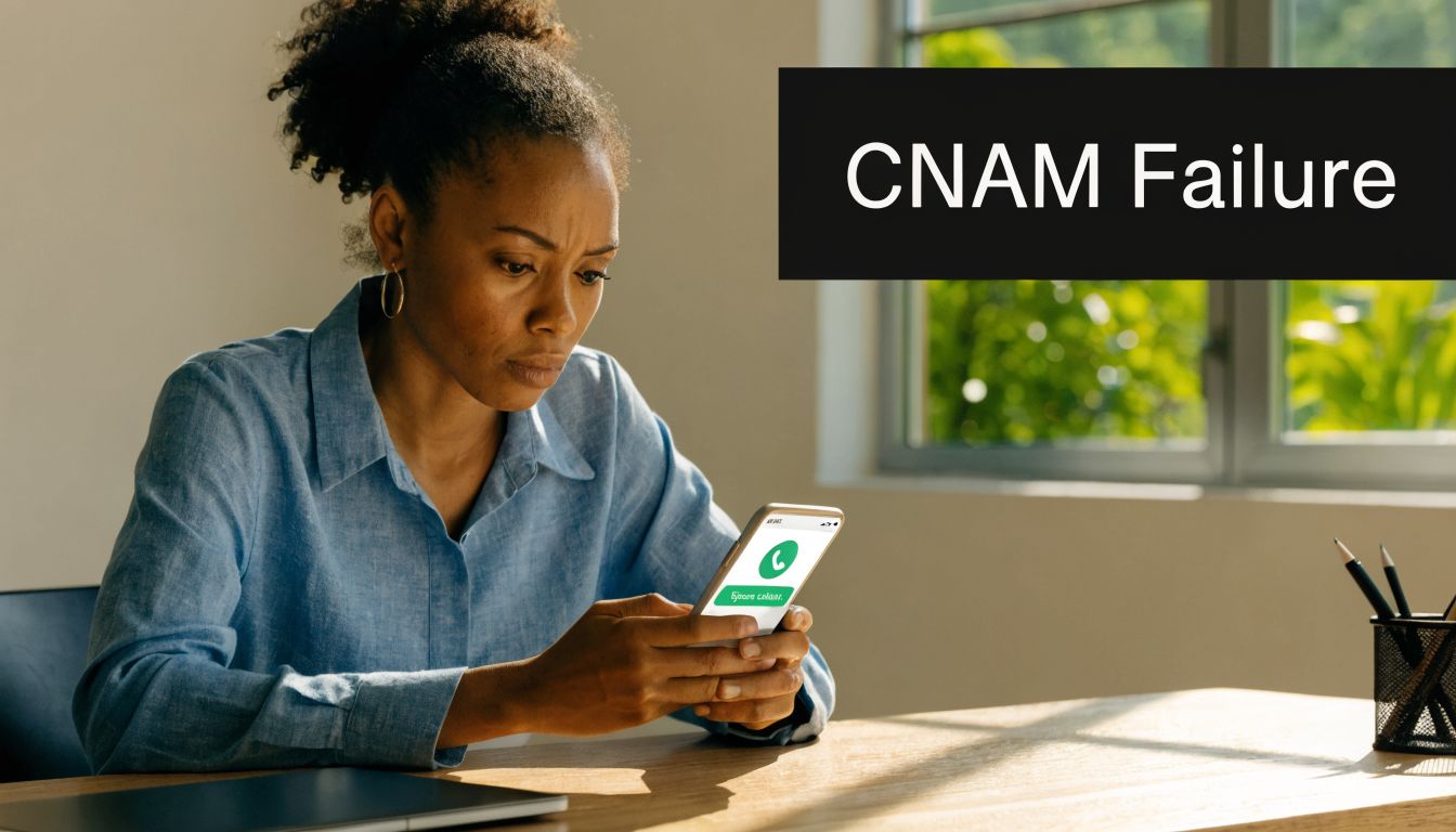 A woman looks concerned at her smartphone screen while experiencing a Caller Name Identification failure.