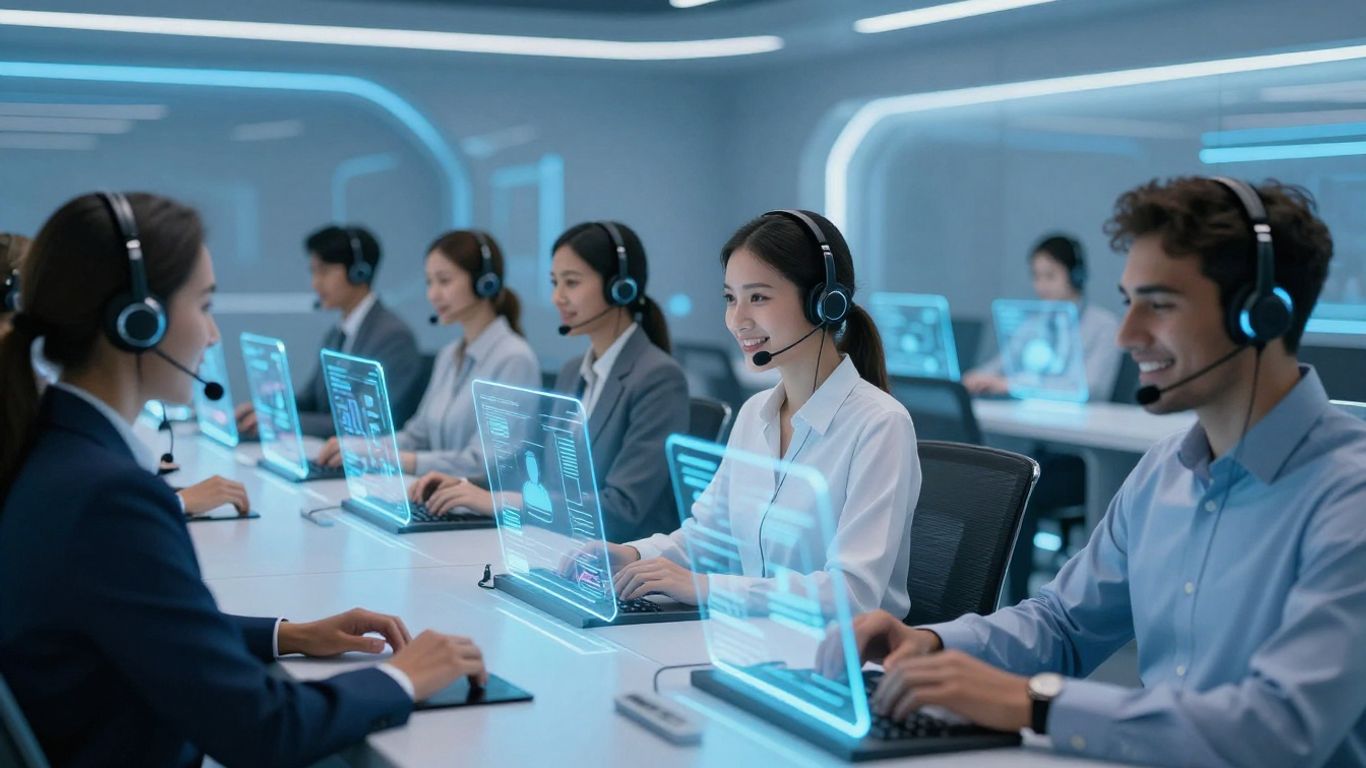 AI-powered call center with futuristic interfaces and smiling agents.