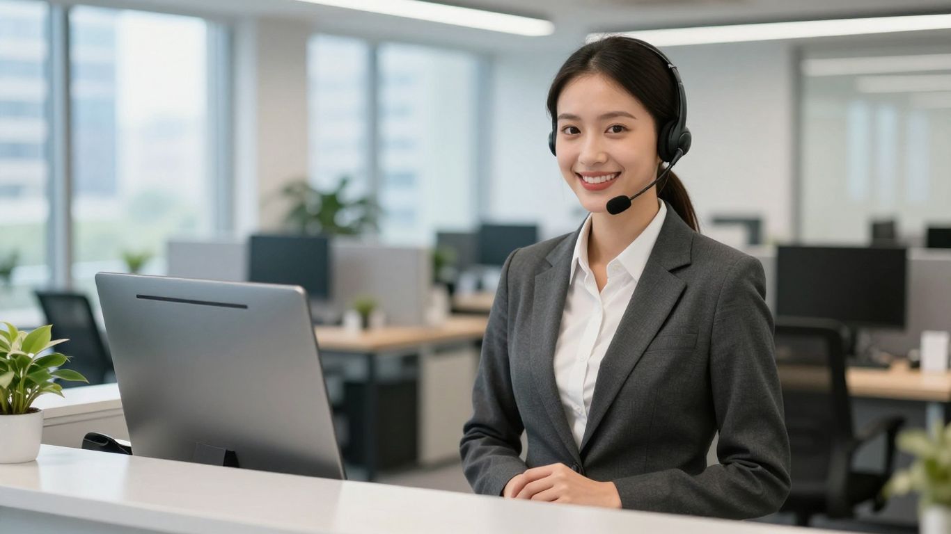 AnswerConnect receptionist with headset in a modern office.