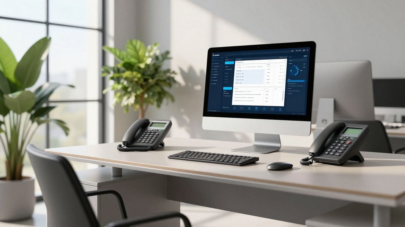 Modern office with desk and telephone.