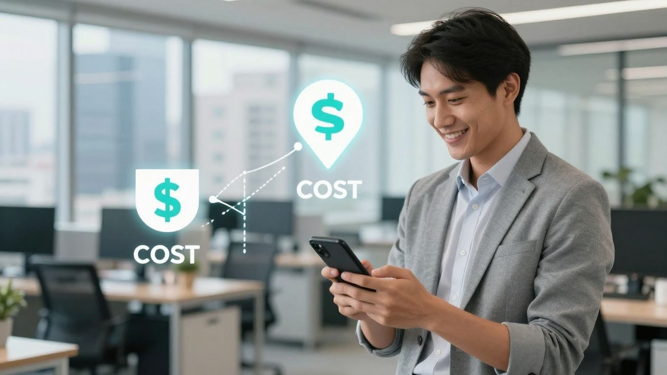Person using phone, cost savings graphic, modern office.