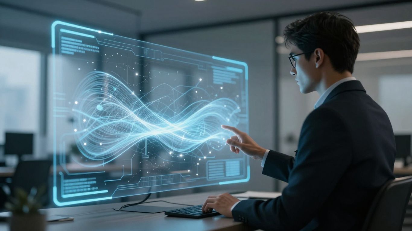 Synthflow AI interface with glowing digital lines.