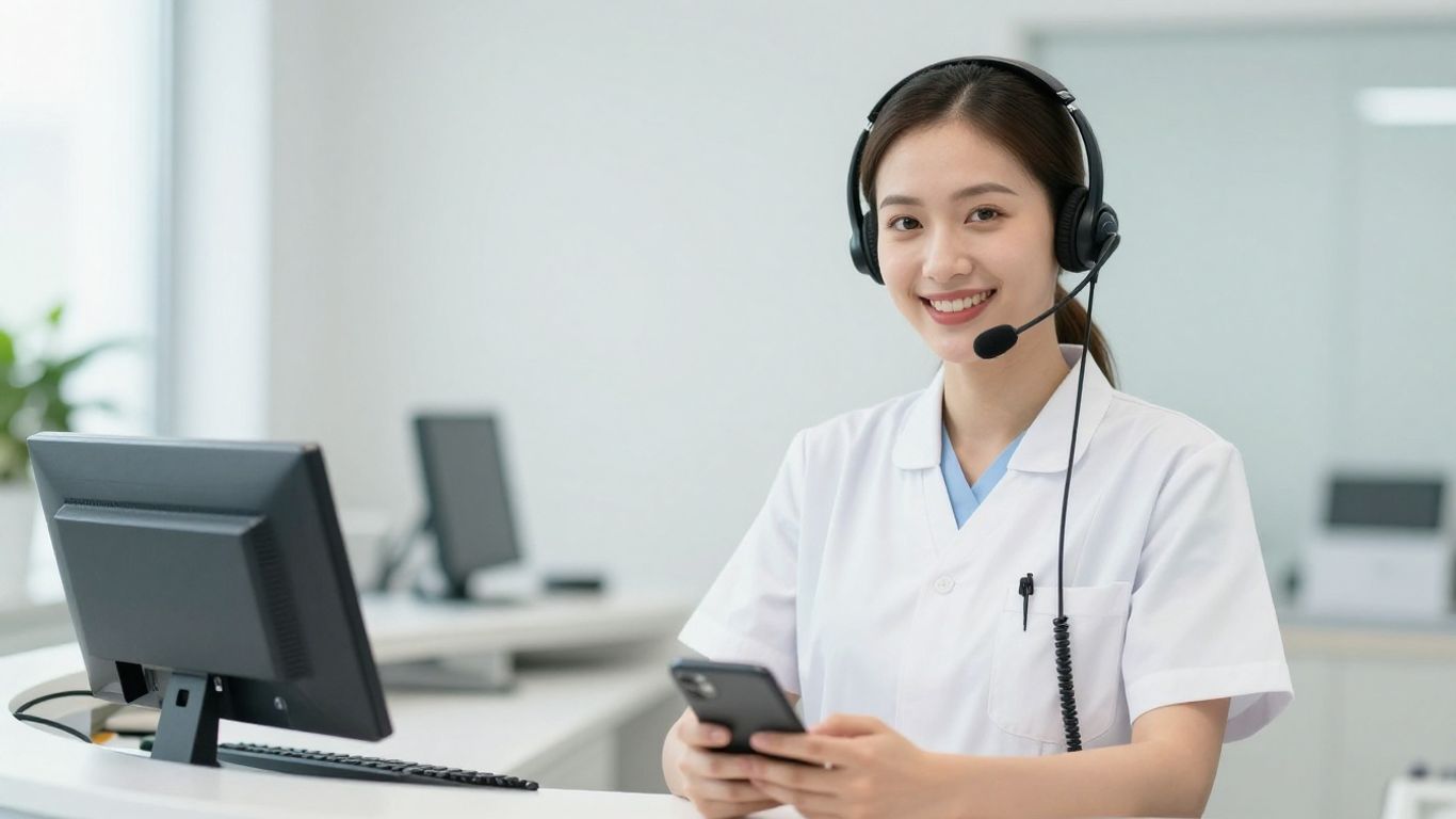 Medical receptionist answering phone in office.