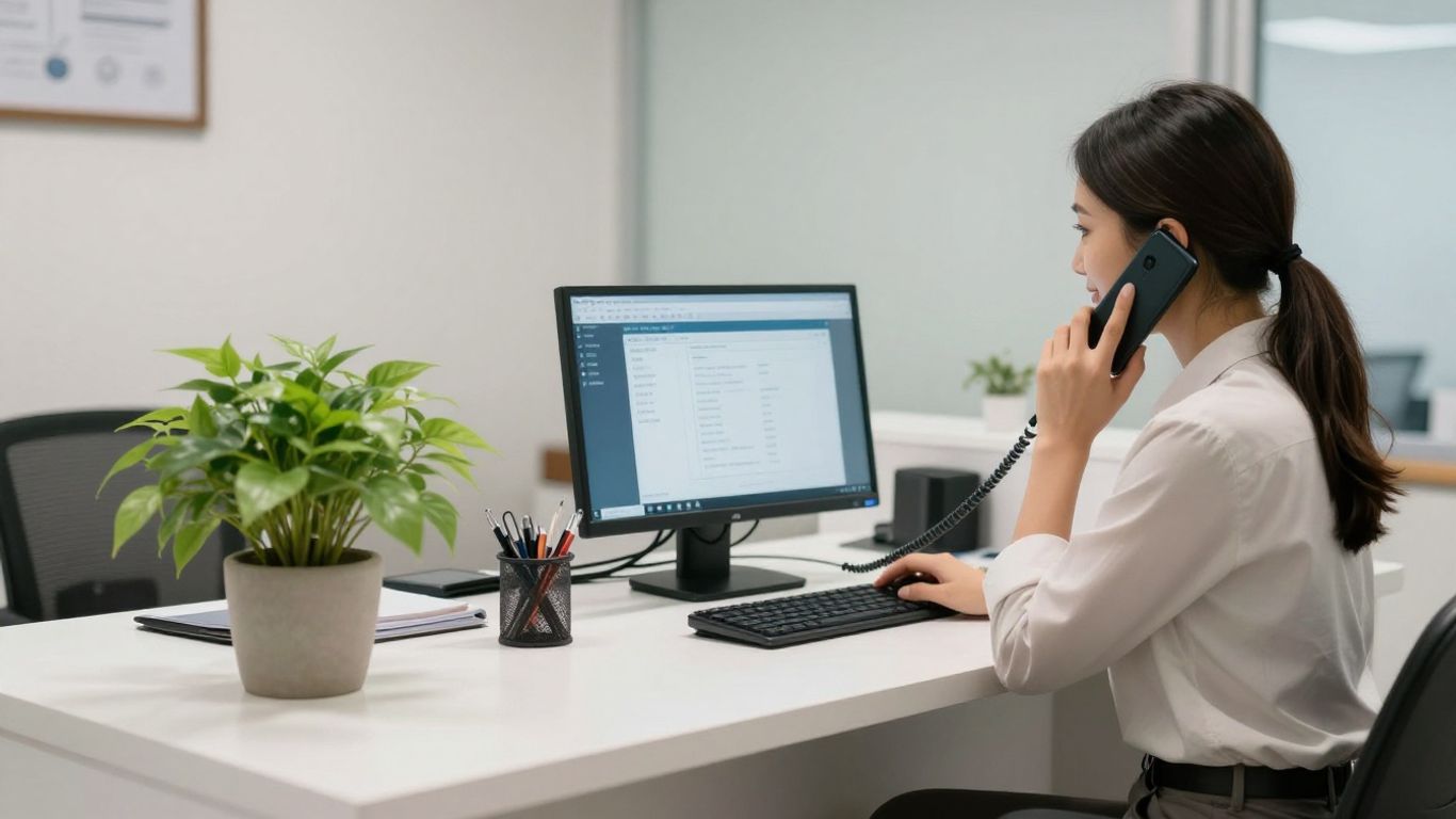 Medical office receptionist answering phone calls.