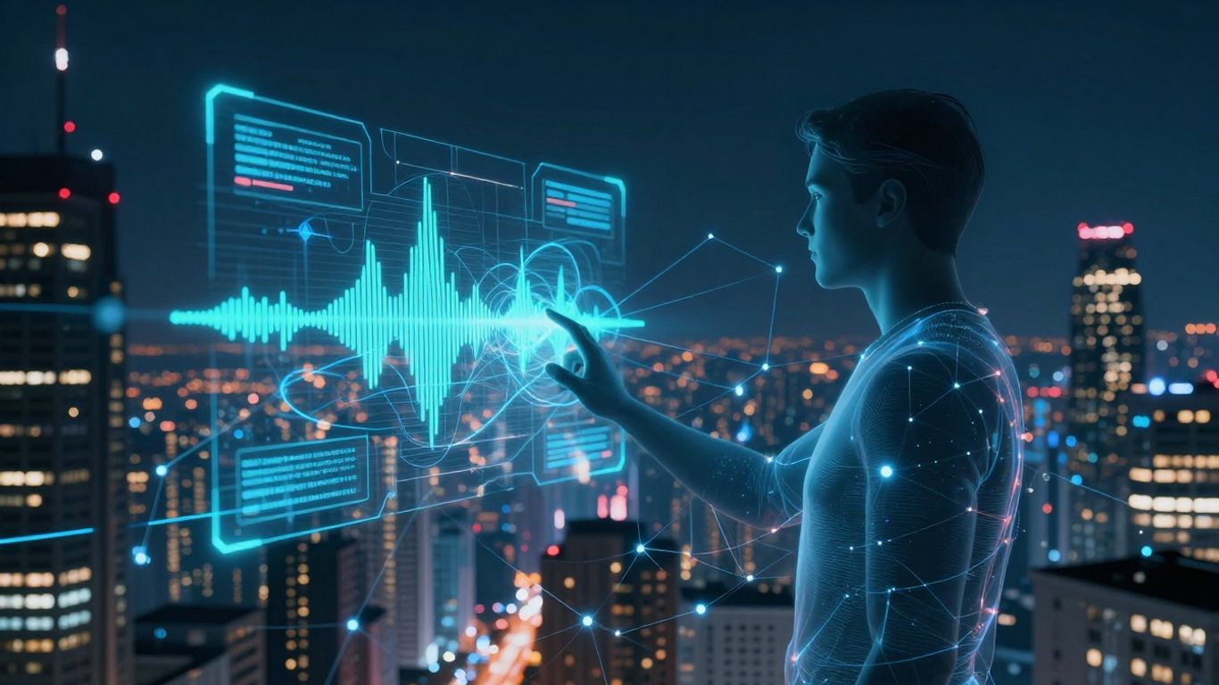 Futuristic cityscape with AI communication interface.