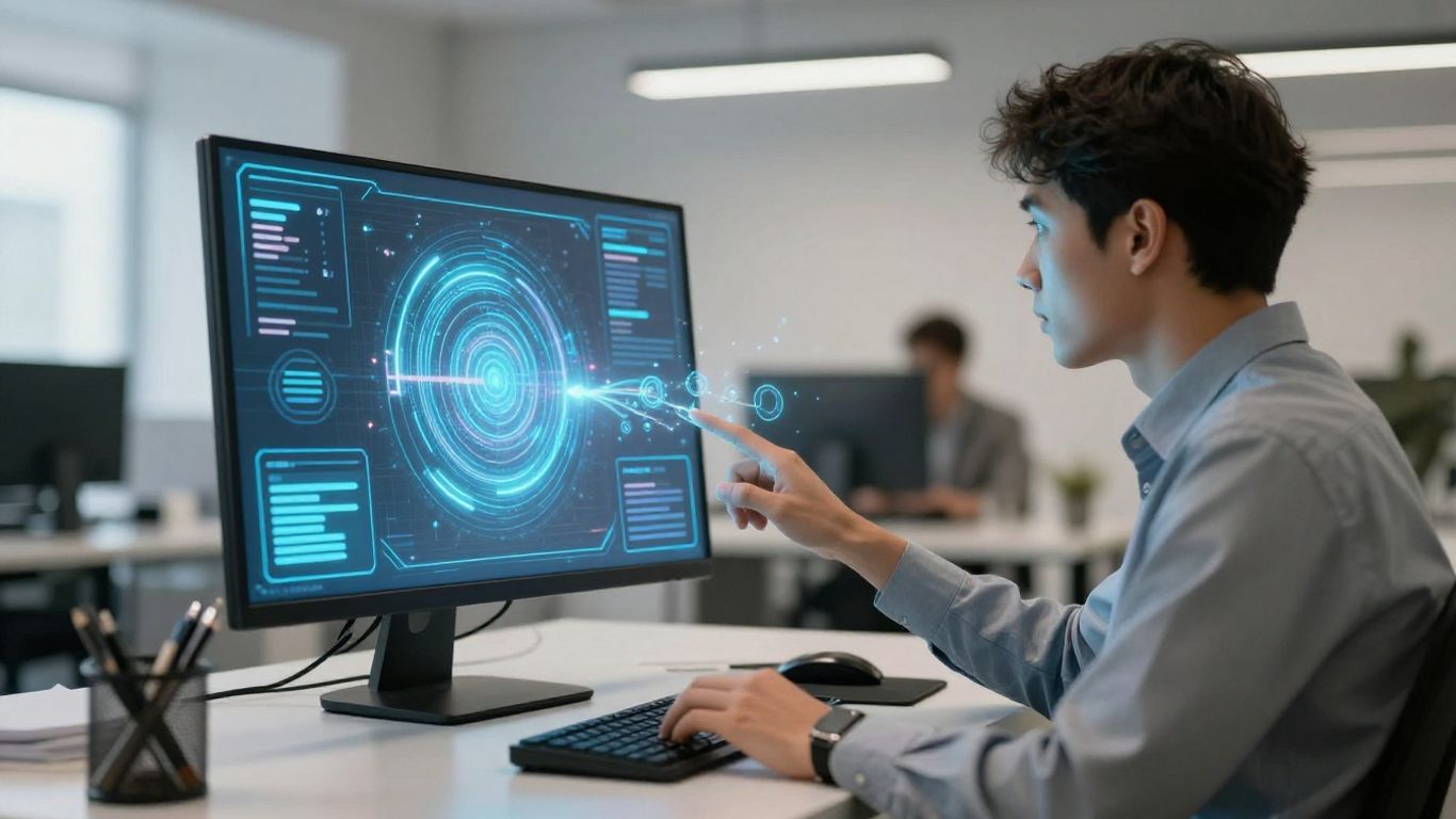 Small business owner using AI answering service interface.