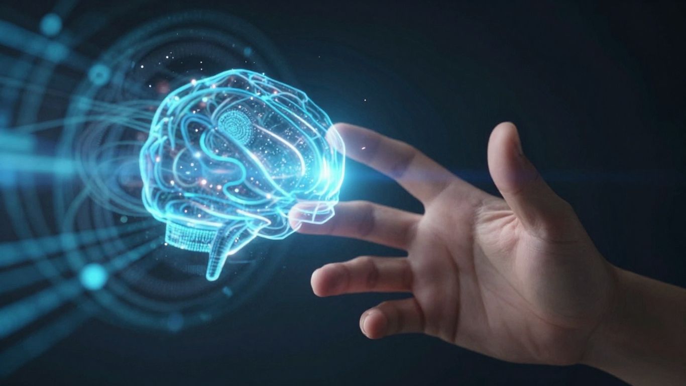 Human hand interacting with glowing AI visualization.