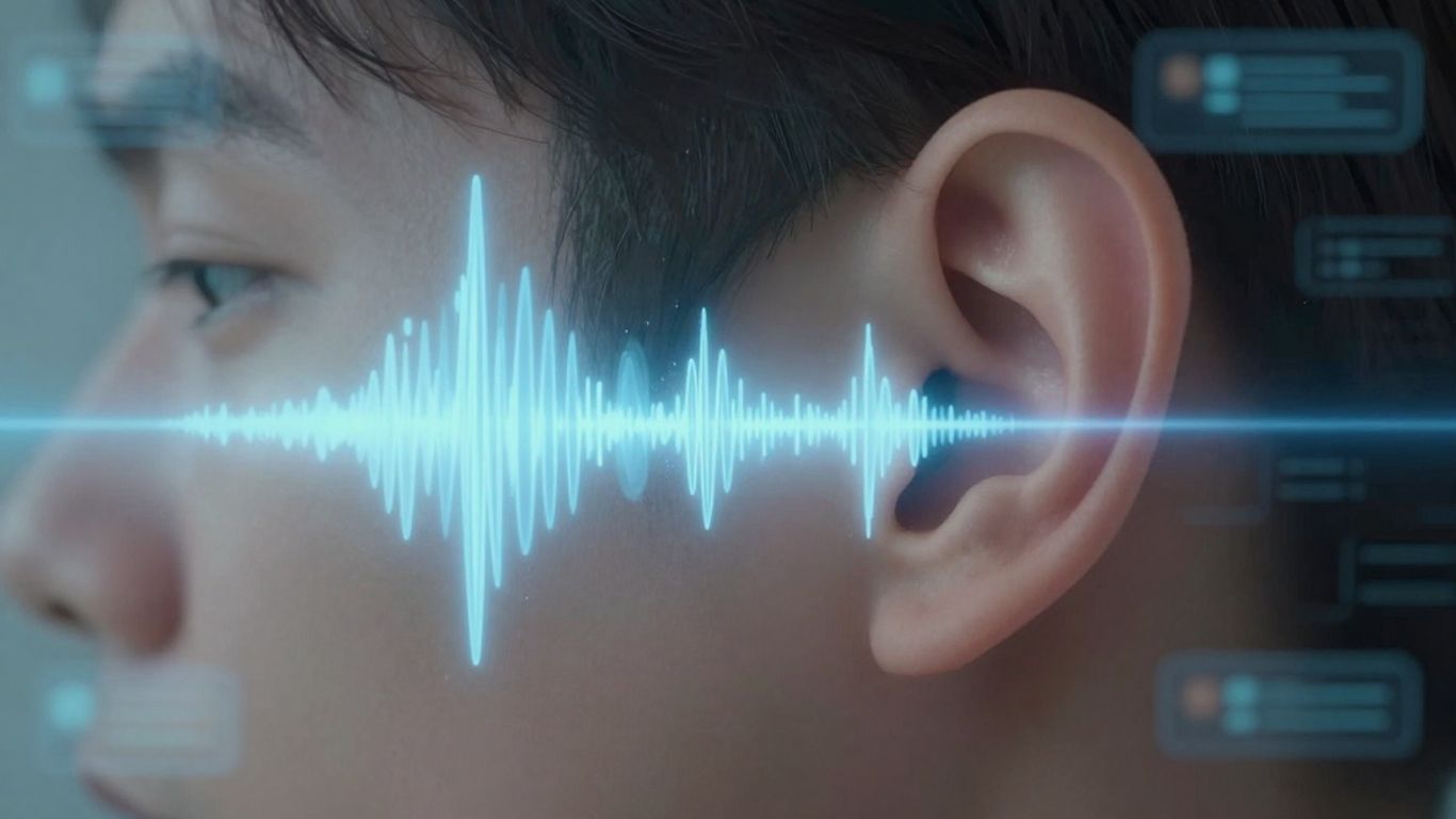 Person interacting with AI voice and chat technology.