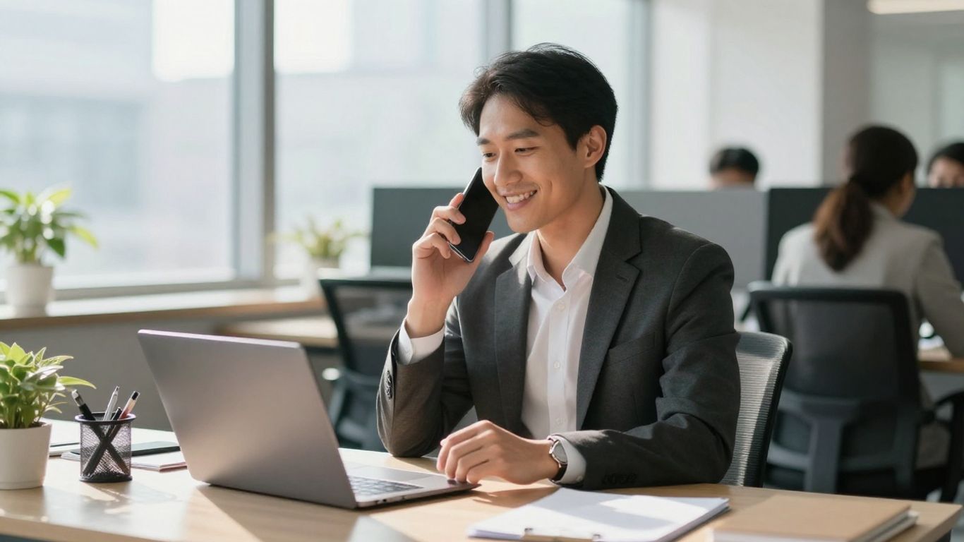 Business professional using a phone in an office.