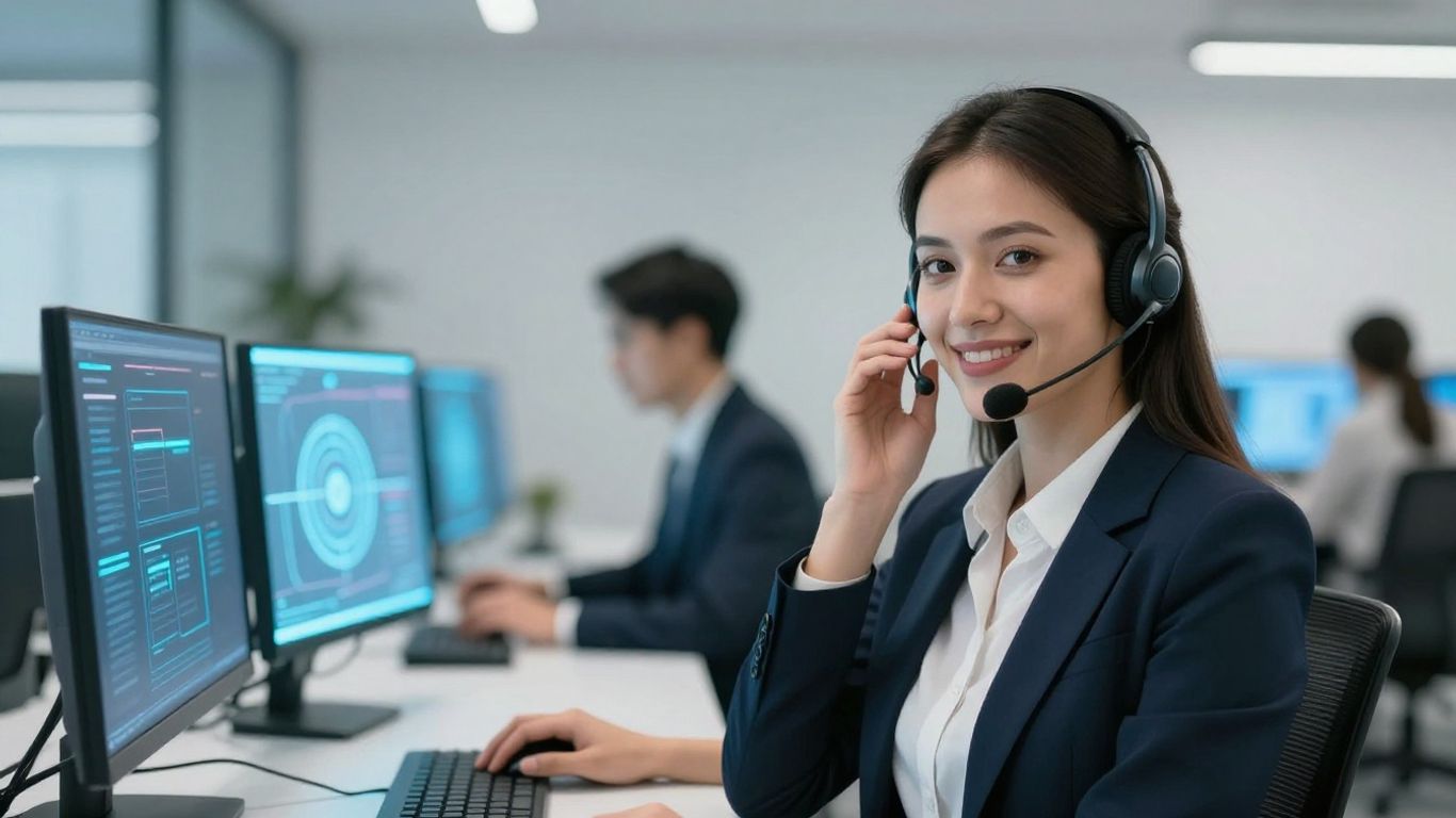 Professional woman with headset, advanced technology interfaces.