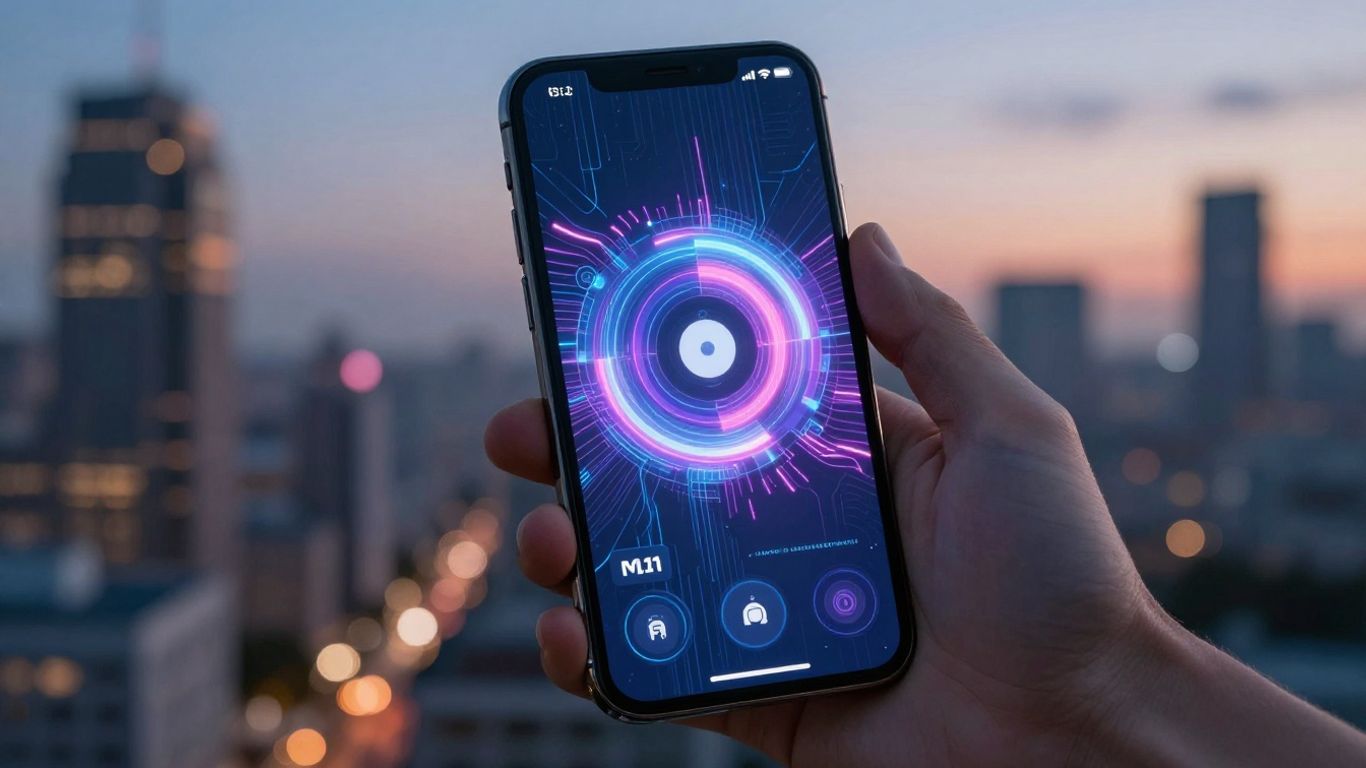 Smartphone with AI interface and cityscape background.