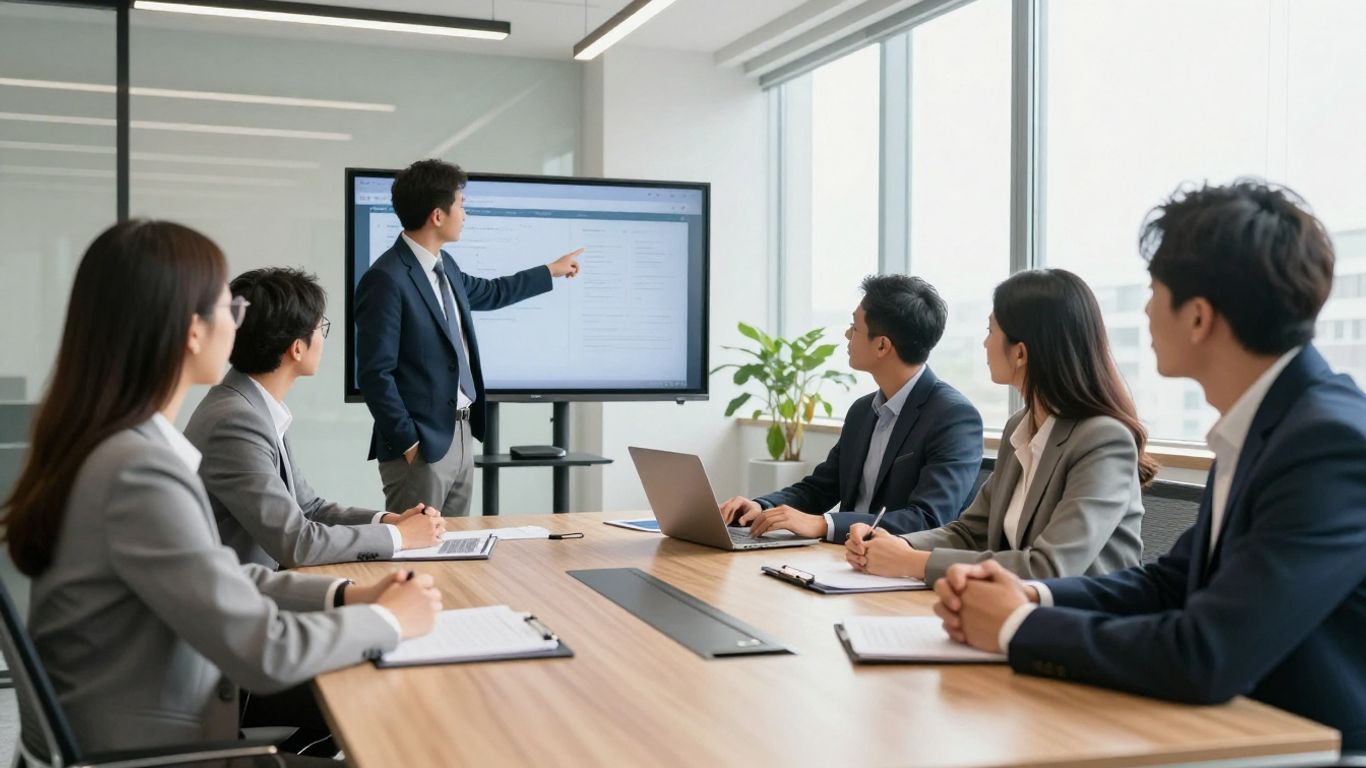 Lawyers collaborating in a modern office.