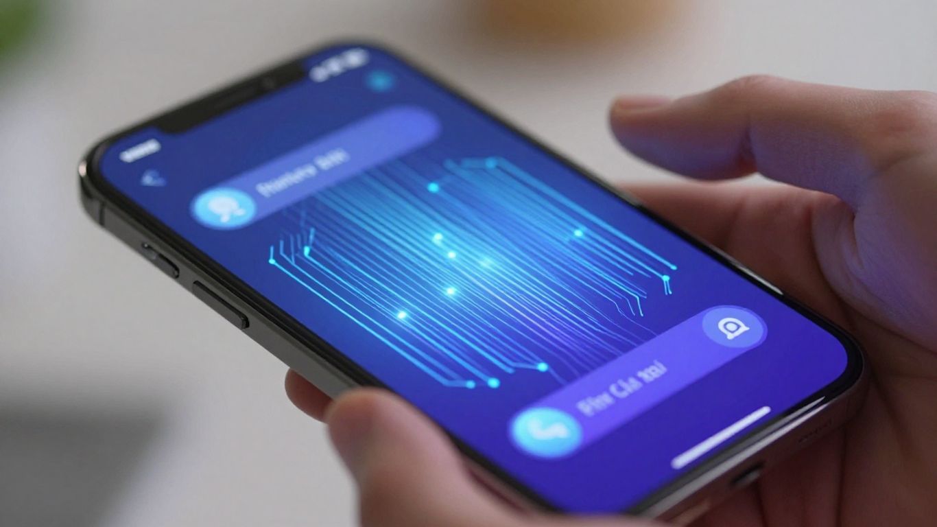 Smartphone screen with futuristic AI chatbot interface.