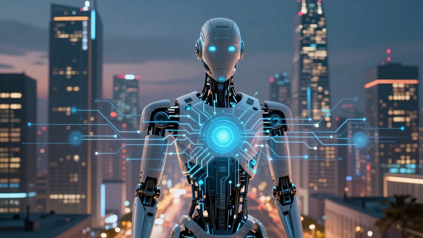 Futuristic cityscape with AI robot head