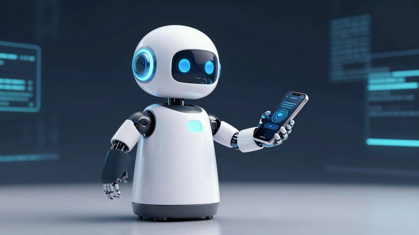 AI robot making a phone call with futuristic background.