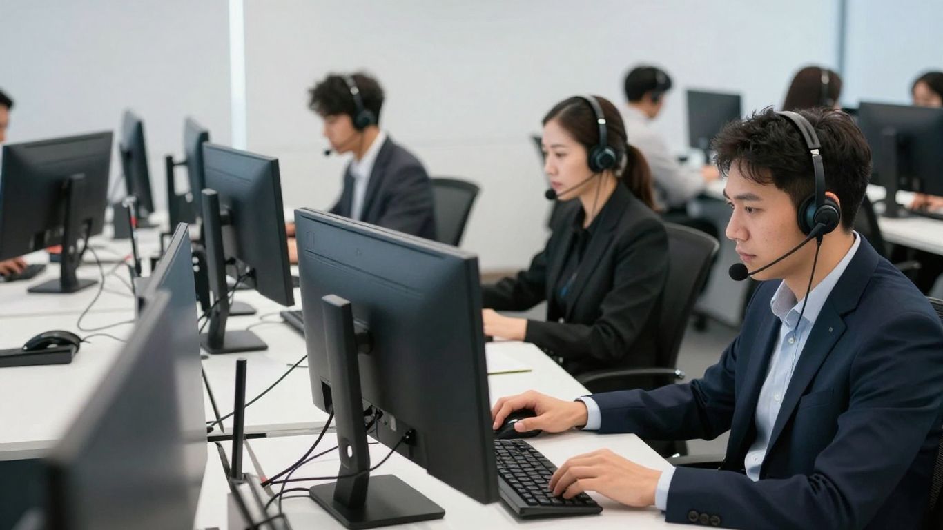Virtual call center agents working efficiently with headsets.