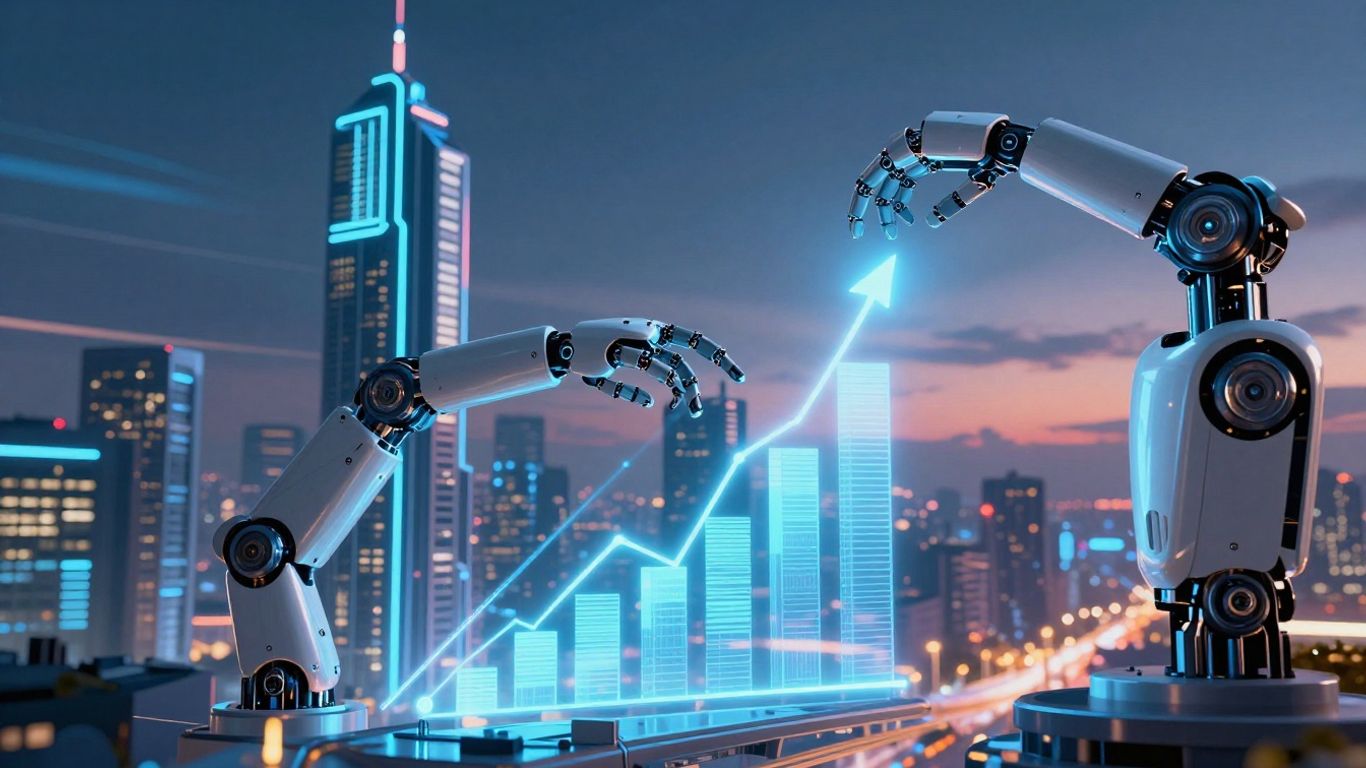 Futuristic cityscape with AI robot arm and sales chart.