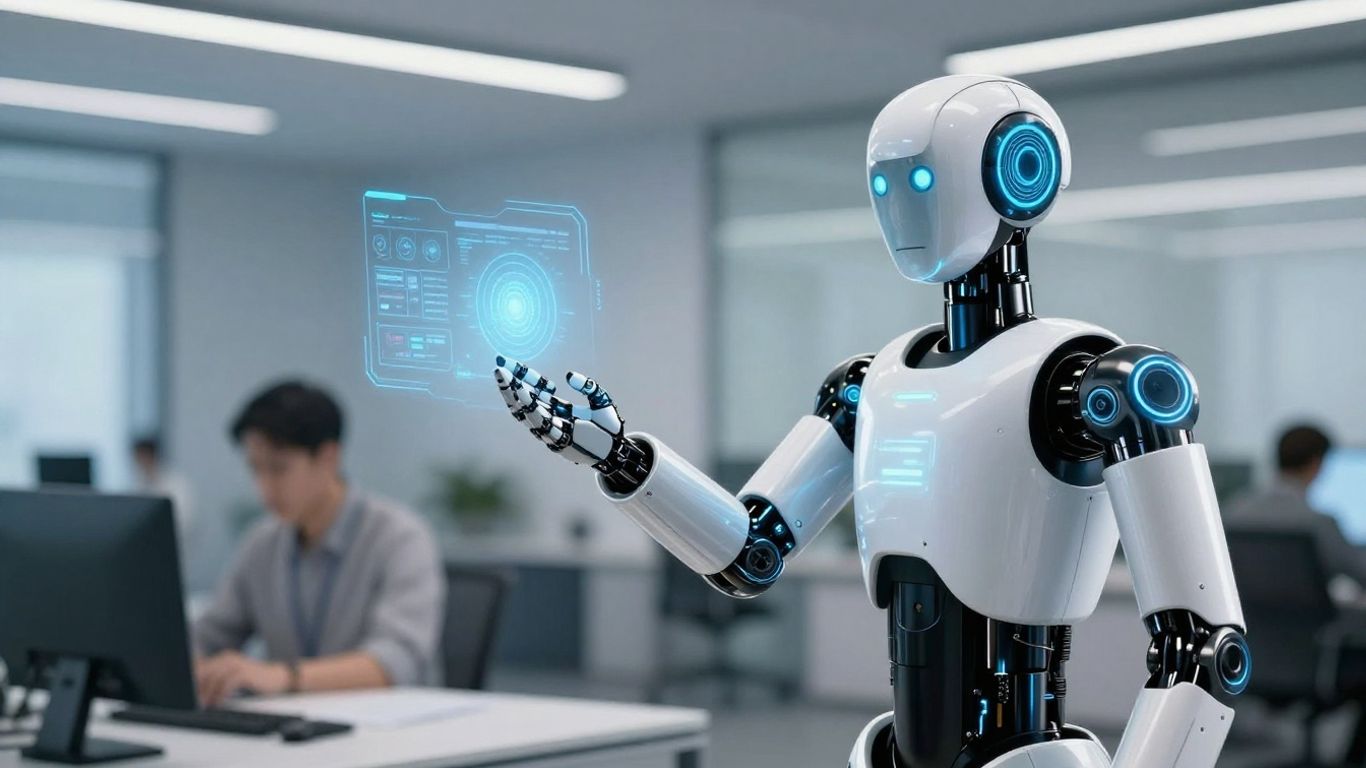 AI robot arm interacting with a digital sales interface.