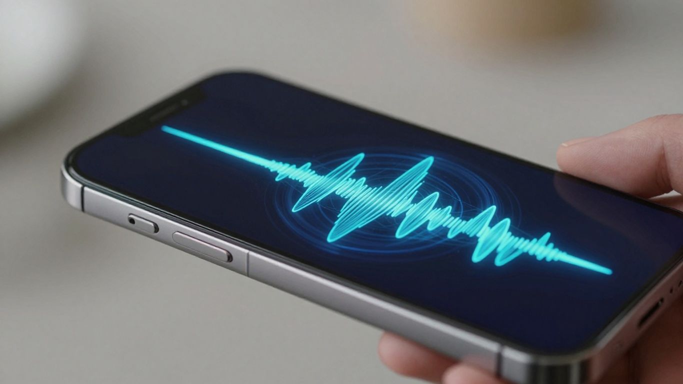 Smartphone with abstract sound waves, AI assistant interface.
