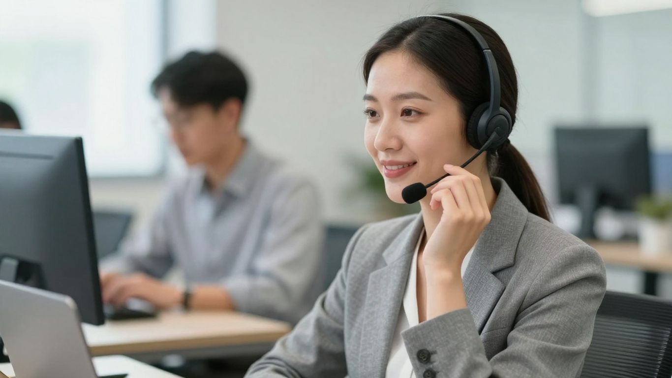 Professional woman answering calls with a headset.