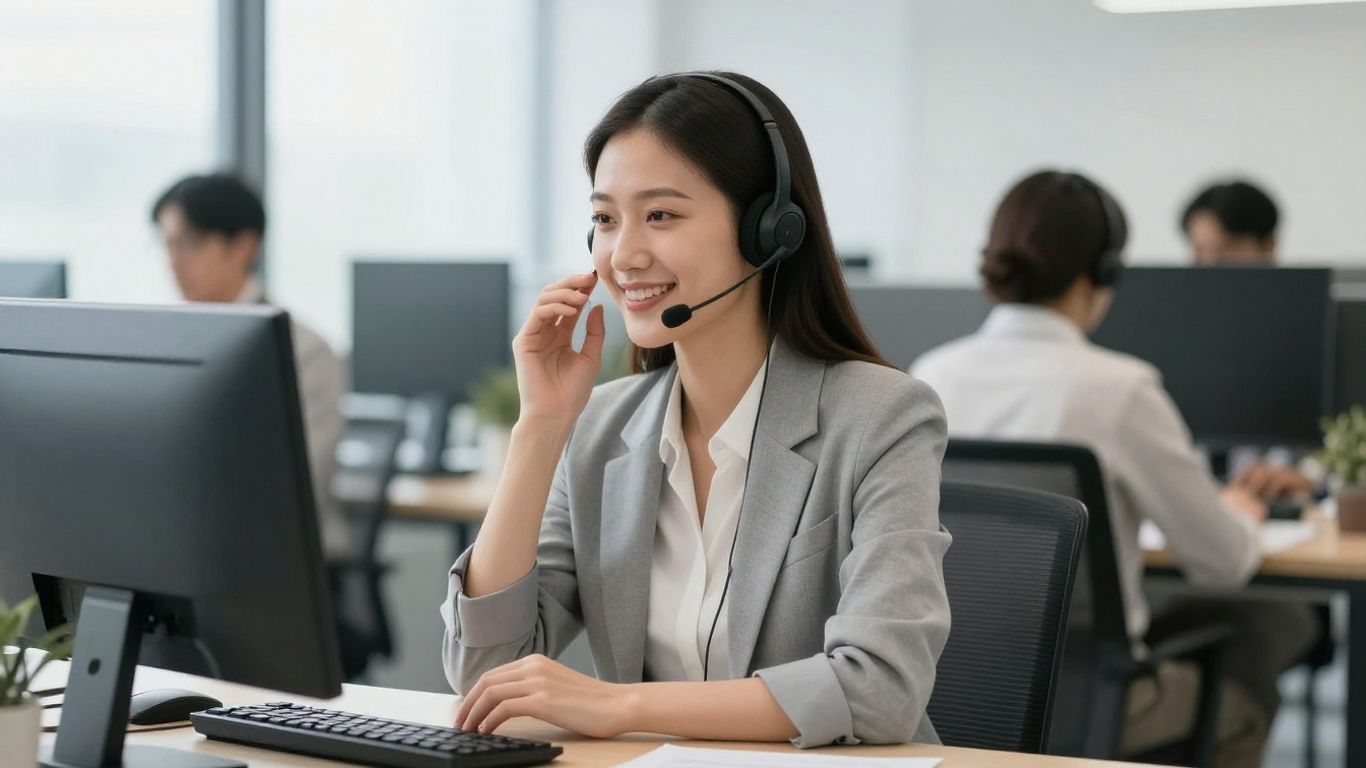 Virtual assistant answering calls with a headset.