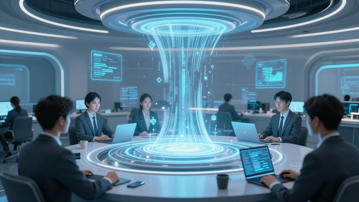Futuristic call center with AI and soundwaves.