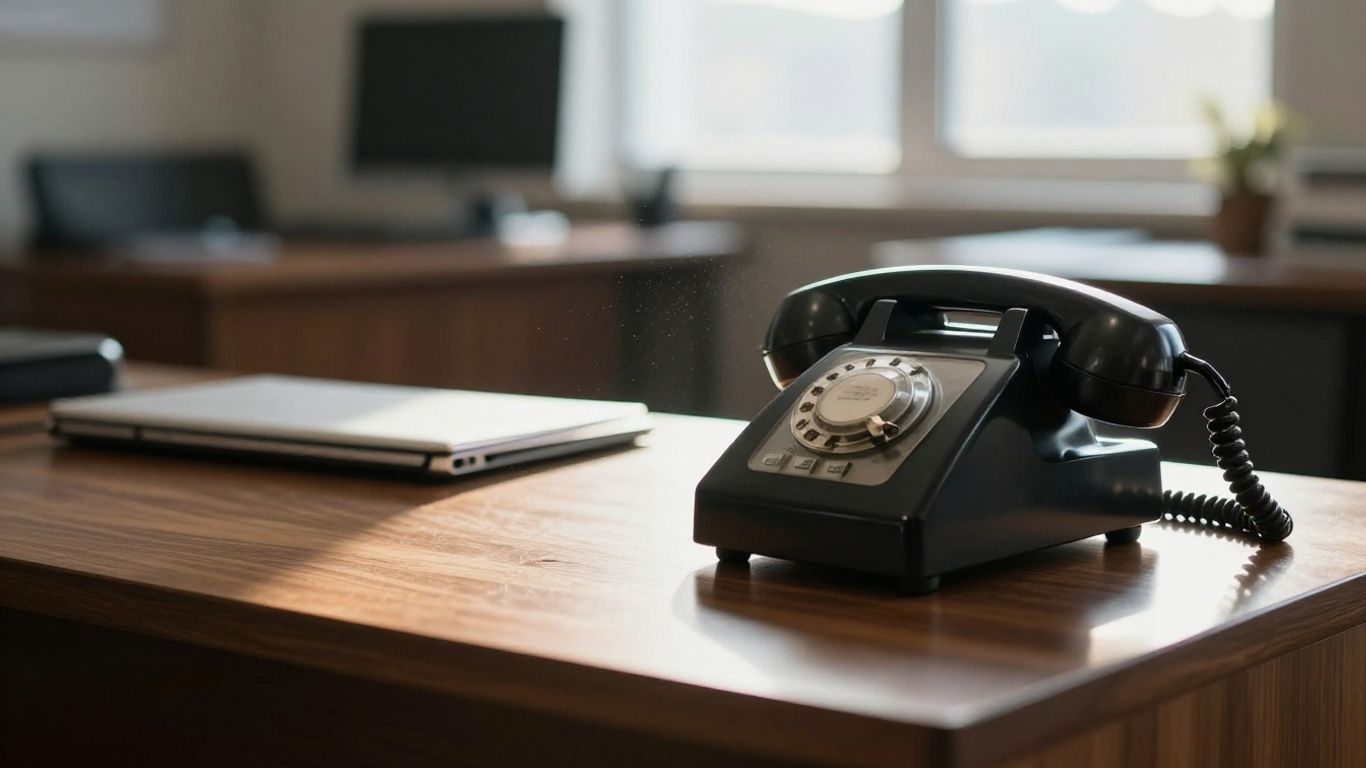 Vintage telephone on a desk in an office.