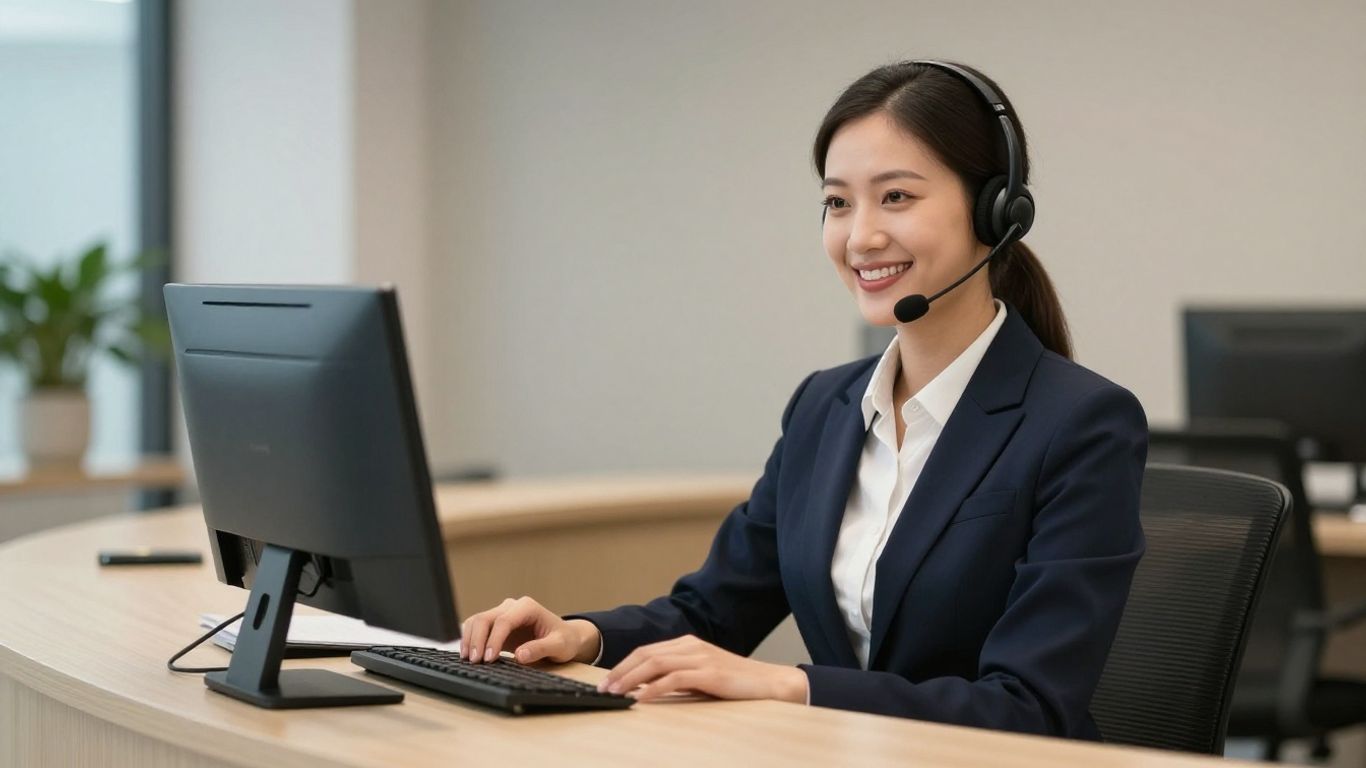 Professional receptionist with headset in a modern office.