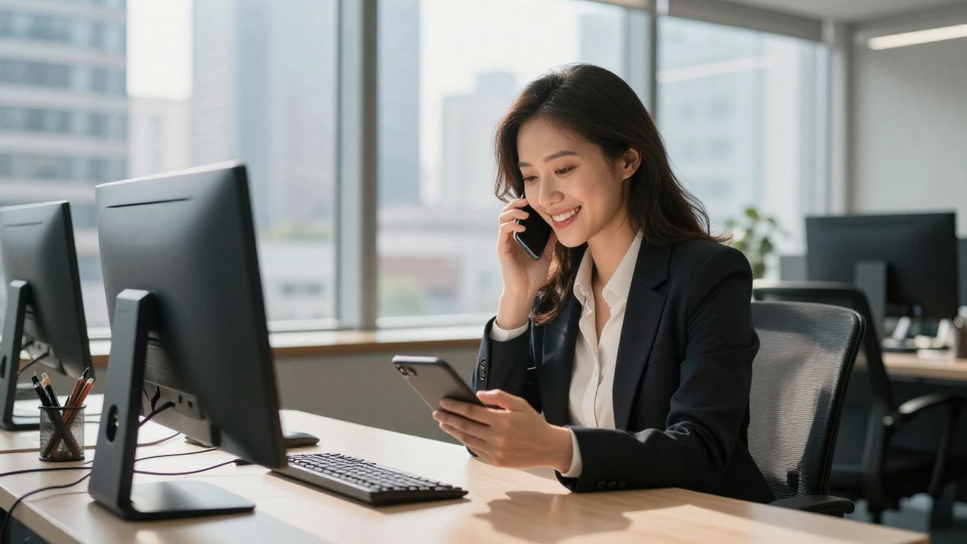 Businesswoman answering a call, looking efficient and connected.