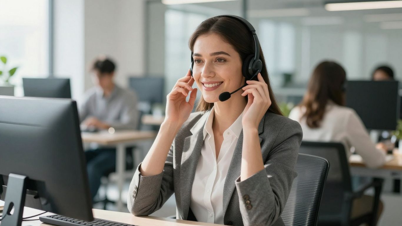 Professional woman with headset in a modern office.