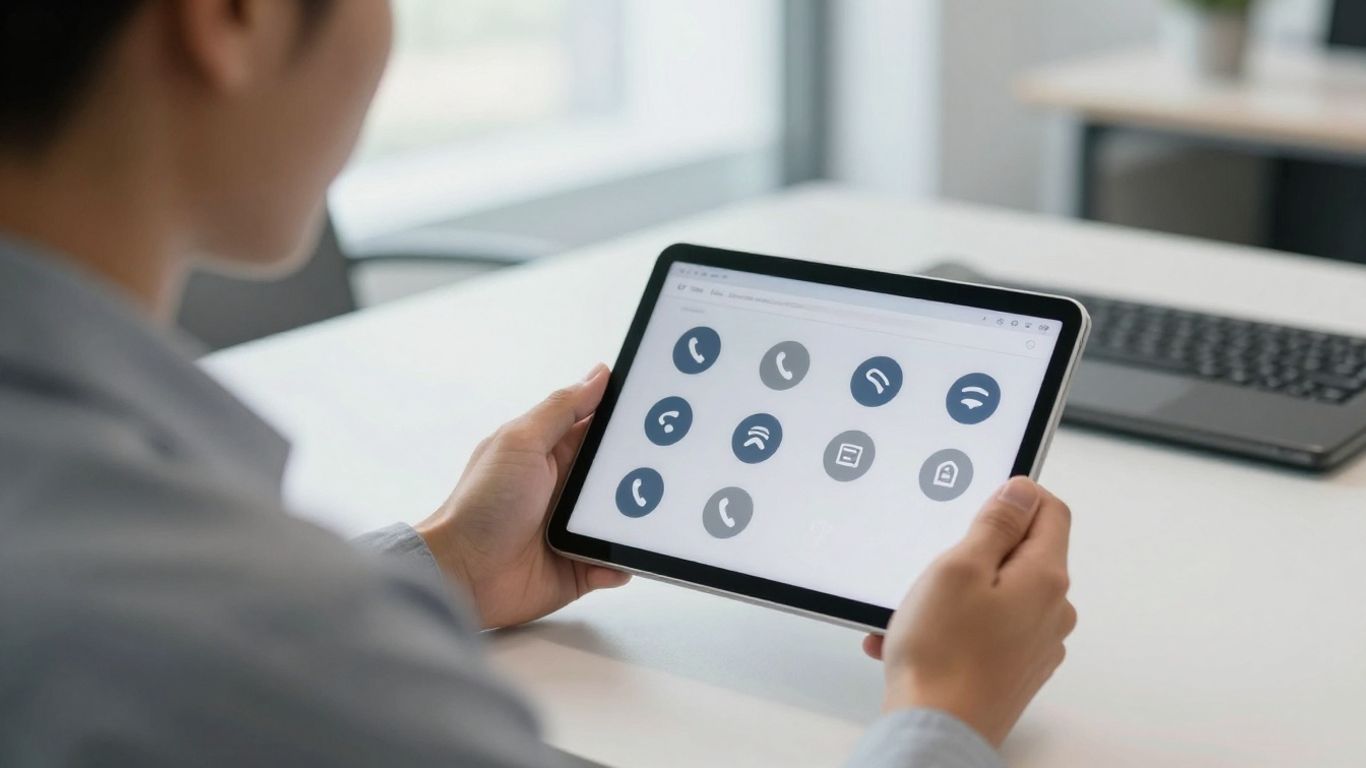 Business professional using a tablet for call management.